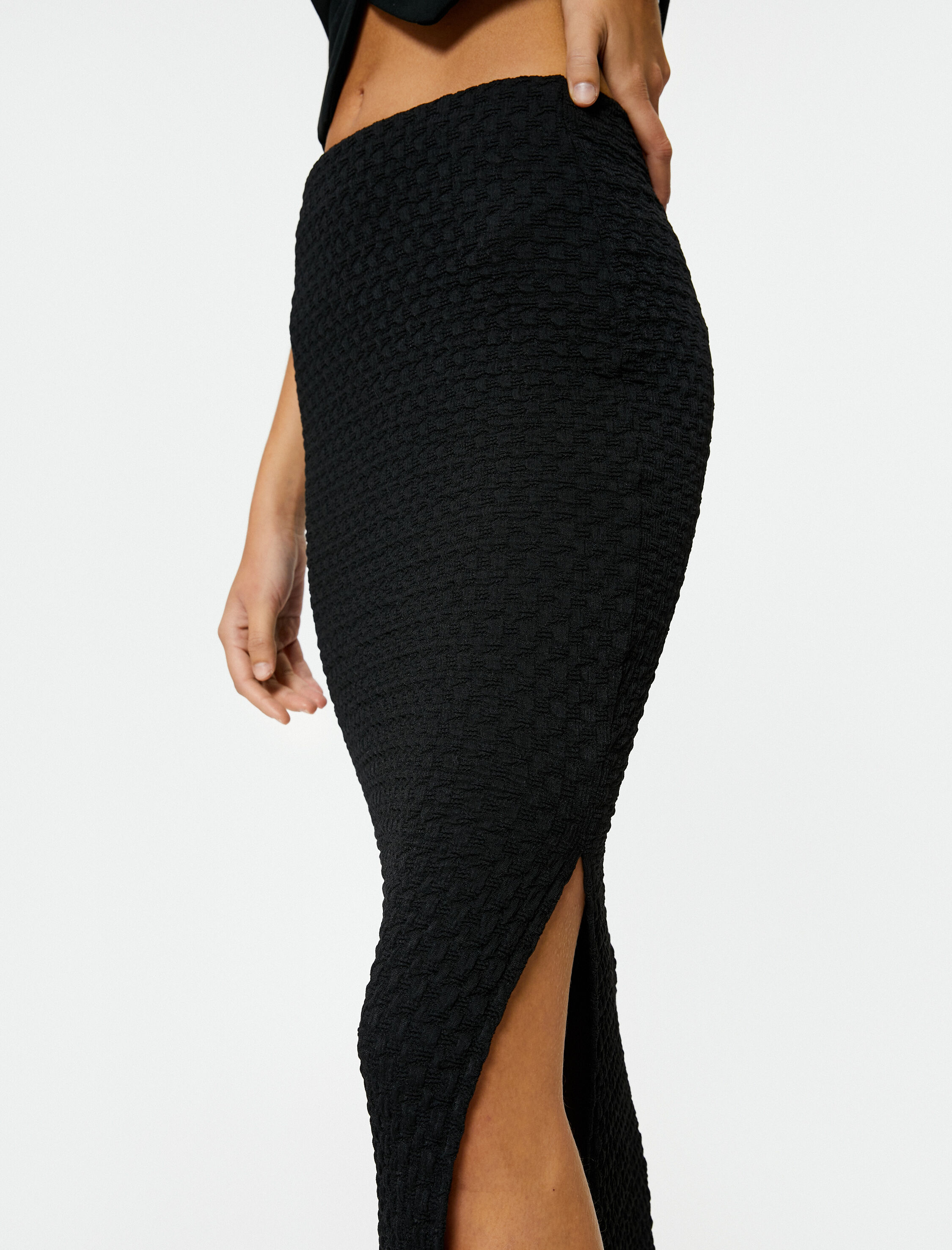   Midi Etek Yırtmaç Detaylı Dokulu Standart Bel