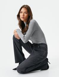 Melis Ağazat X Koton - İspanyol Paça Taşlı Kot Pantolon Dar Kesim Yüksek Bel - Victoria Slim Jean
