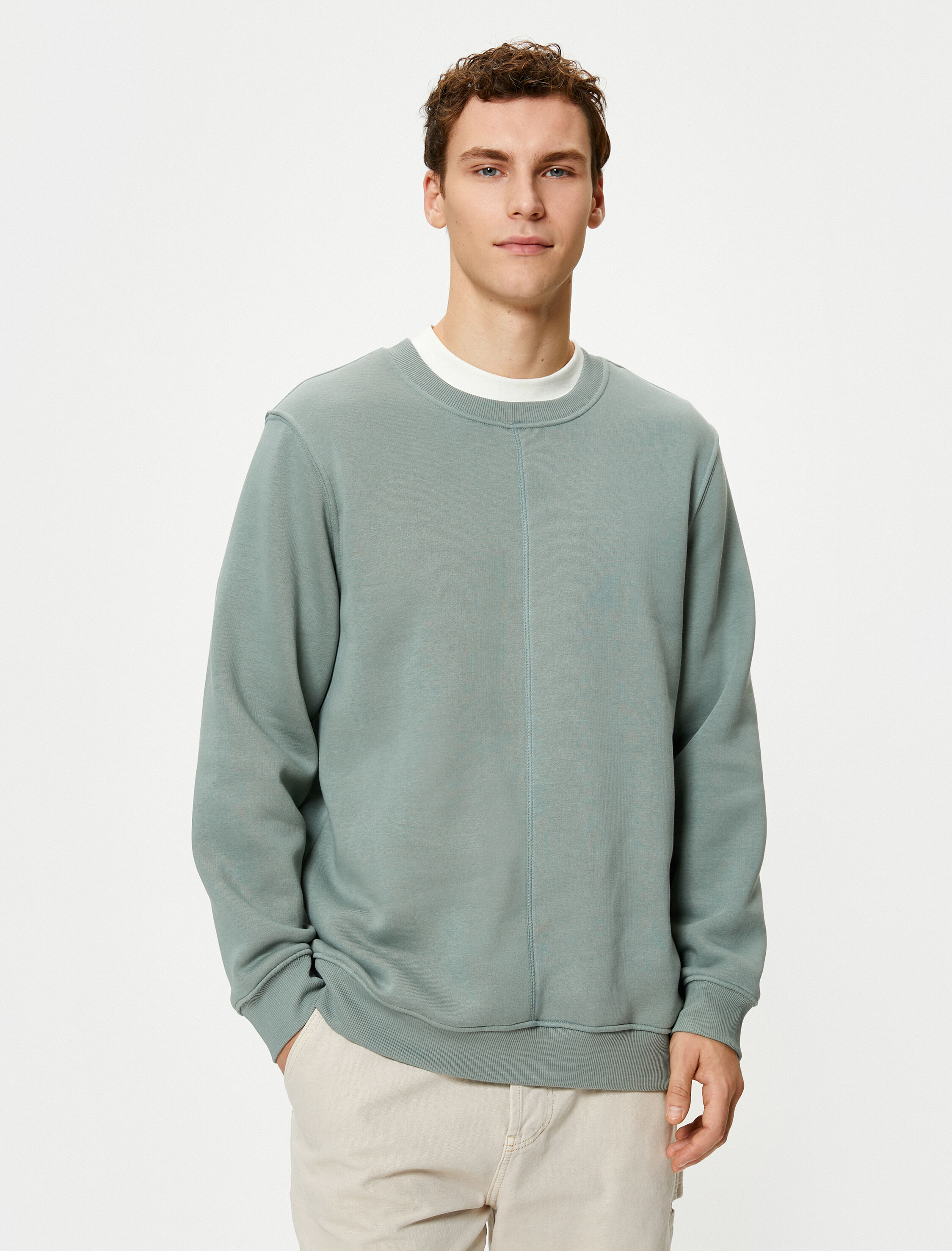   Basic Sweatshirt Bisiklet Yaka Dikiş Detaylı Uzun Kollu Şardonlu