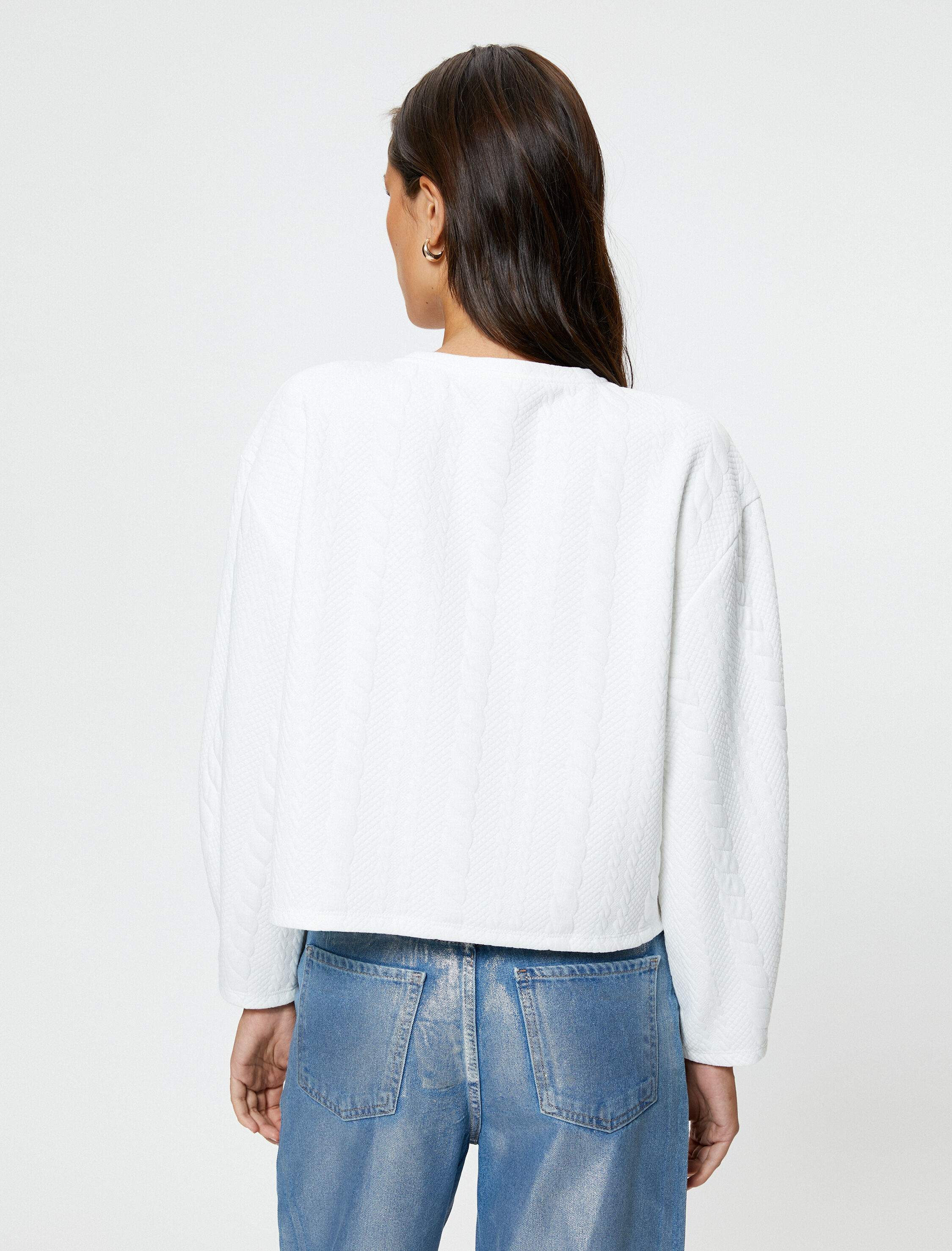   Örgü Desenli Sweatshirt Uzun Kollu Bisiklet Yaka Dokulu