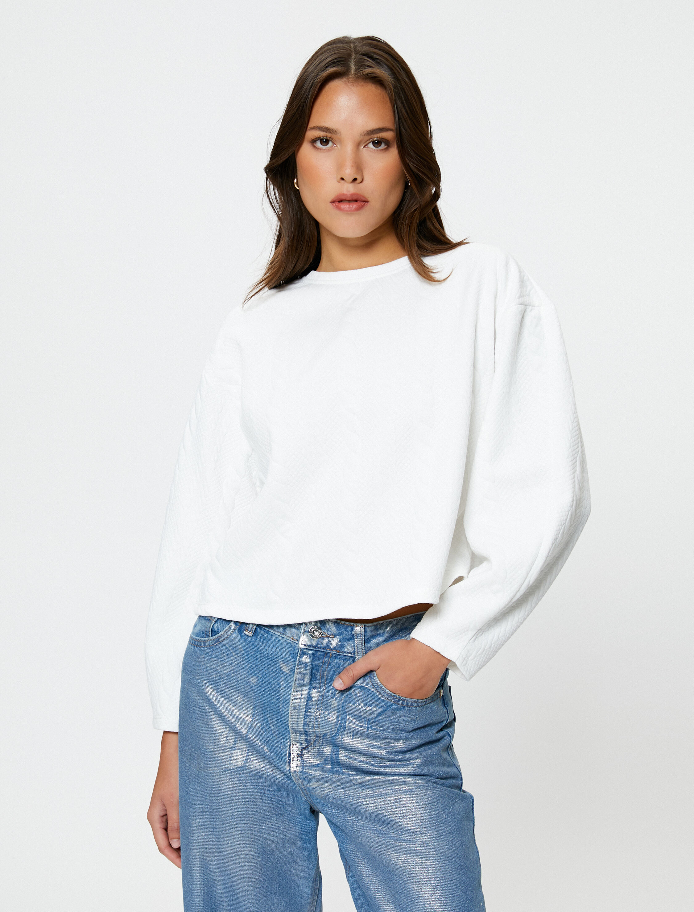   Örgü Desenli Sweatshirt Uzun Kollu Bisiklet Yaka Dokulu