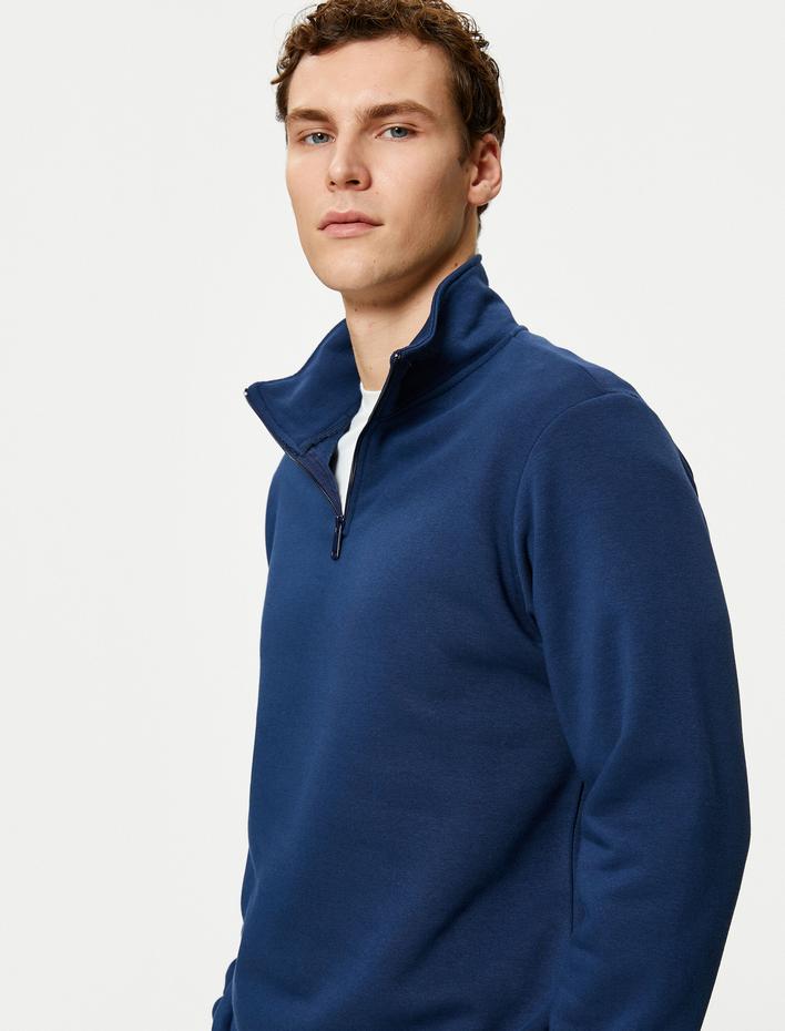  Yarım Fermuarlı Sweatshirt Dik Yaka Uzun Kollu Şardonlu