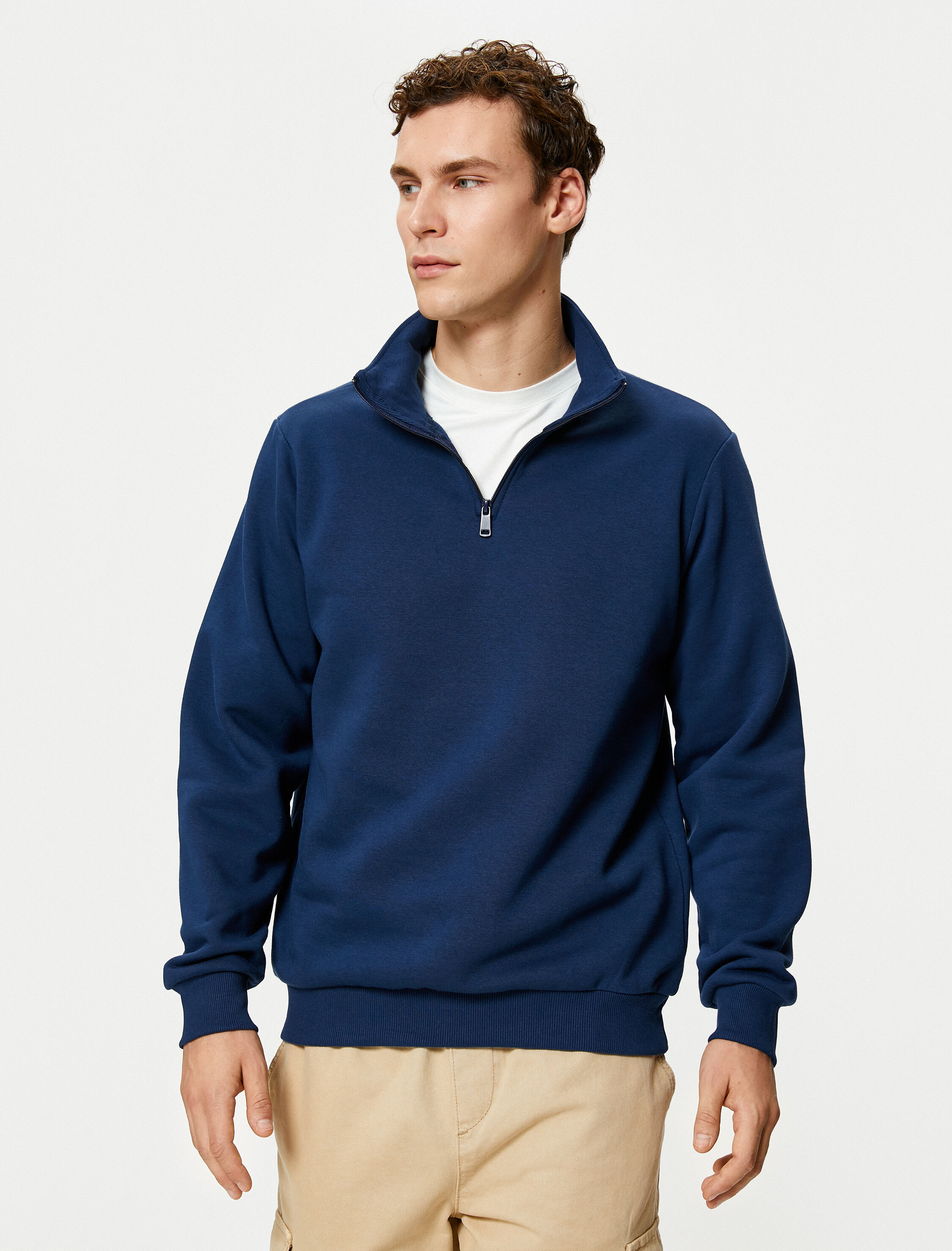   Yarım Fermuarlı Sweatshirt Dik Yaka Uzun Kollu Şardonlu