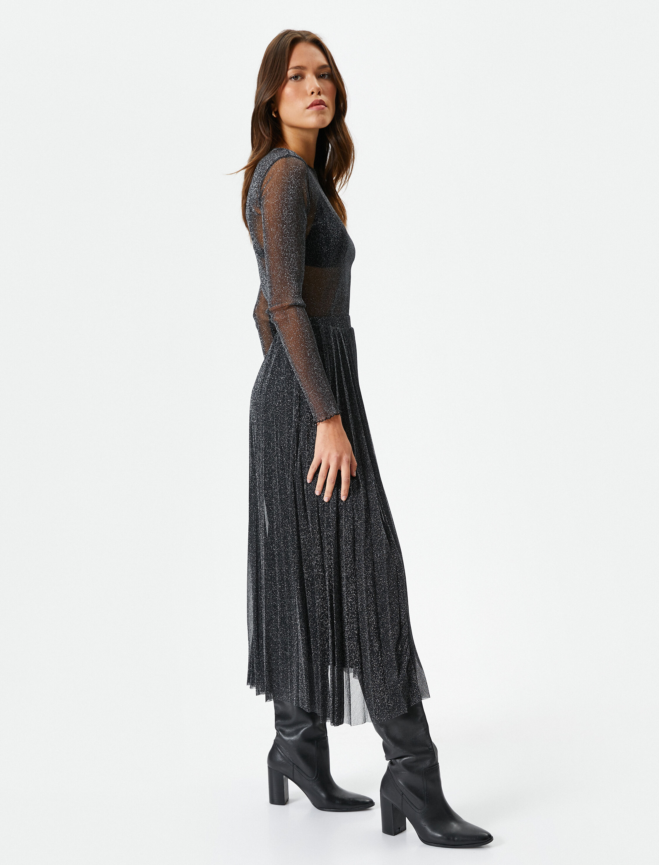 Melis Ağazat X Koton - Simli Pileli Midi Tül Etek Slim Fit