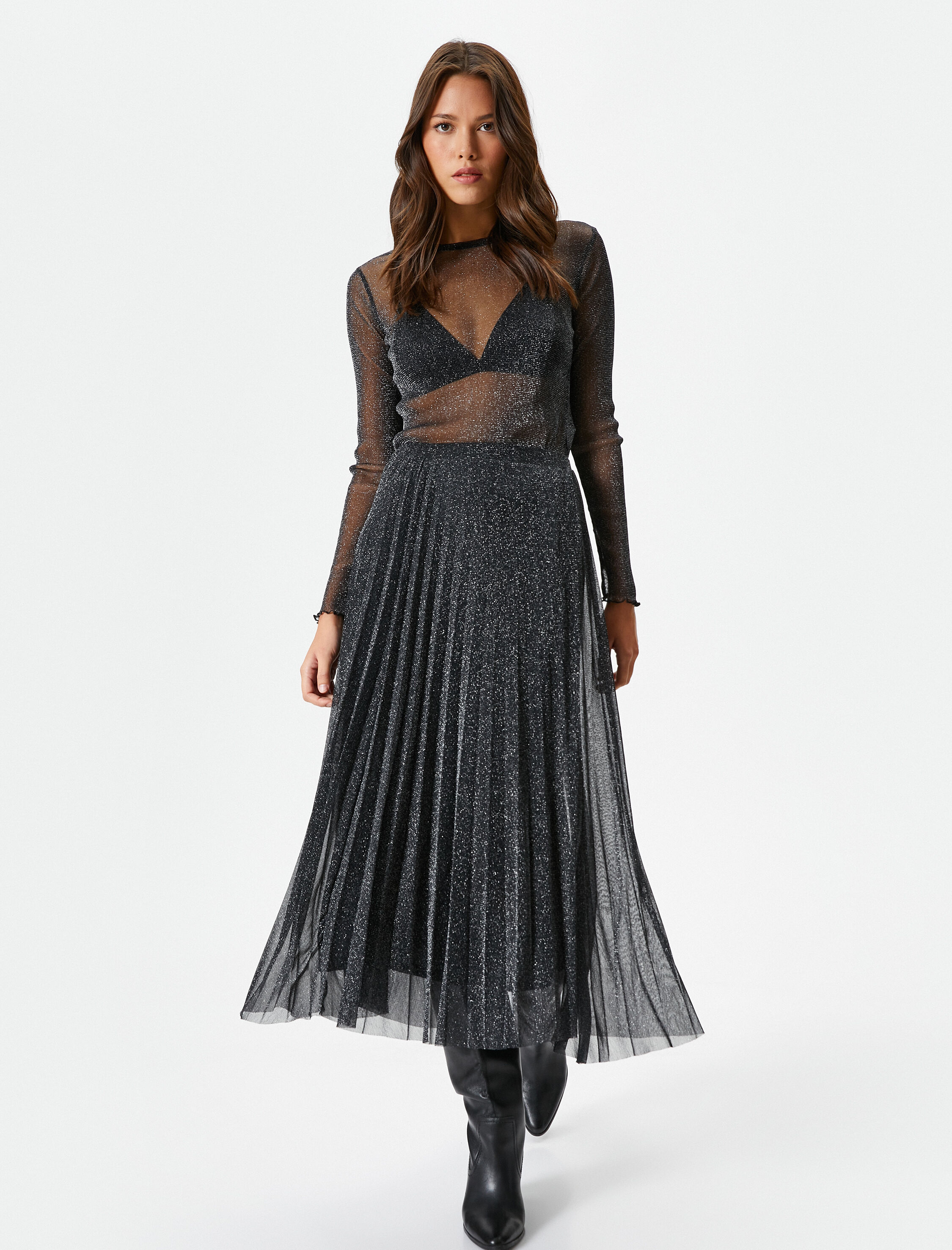 Melis Ağazat X Koton - Simli Pileli Midi Tül Etek Slim Fit