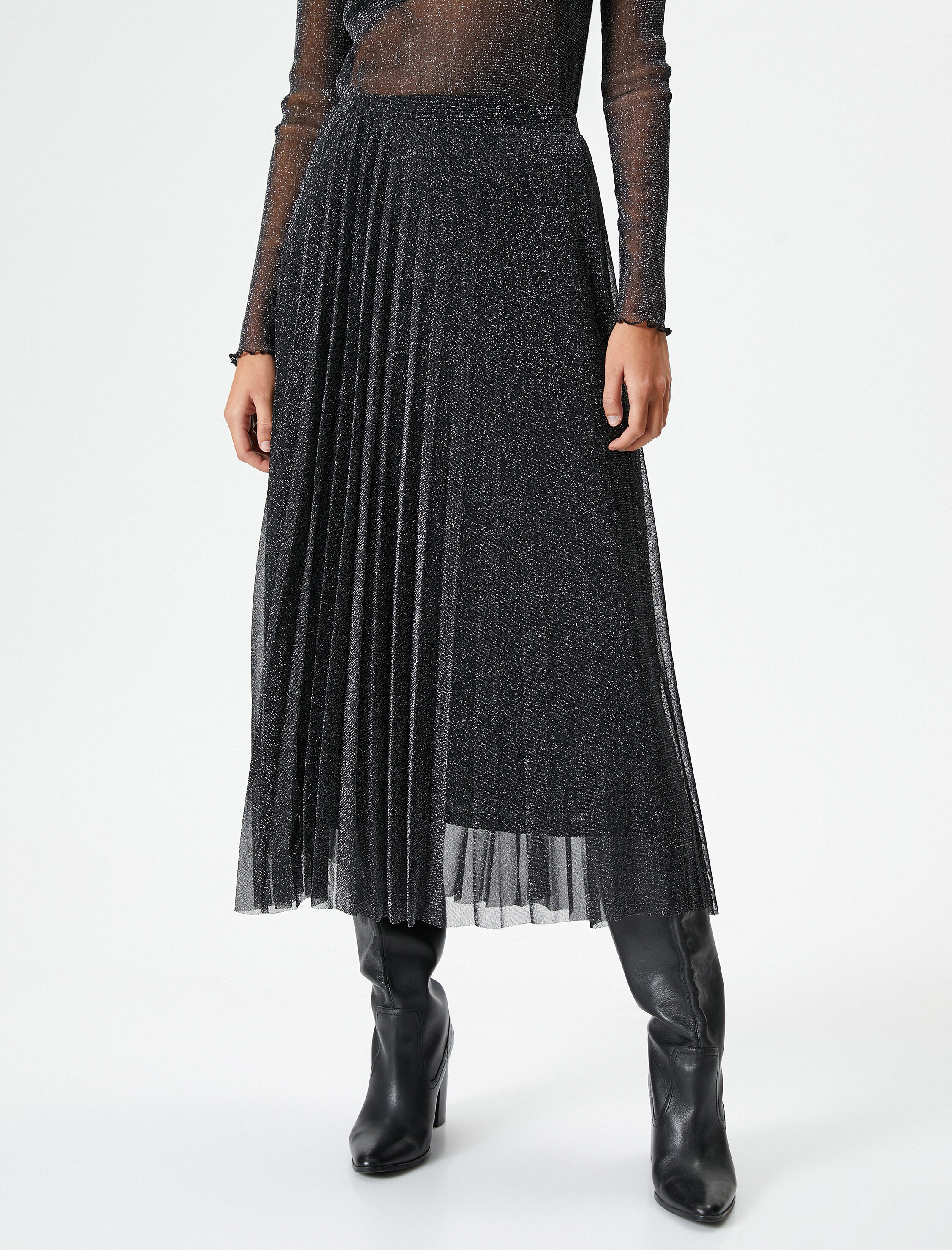 Melis Ağazat X Koton - Simli Pileli Midi Tül Etek Slim Fit