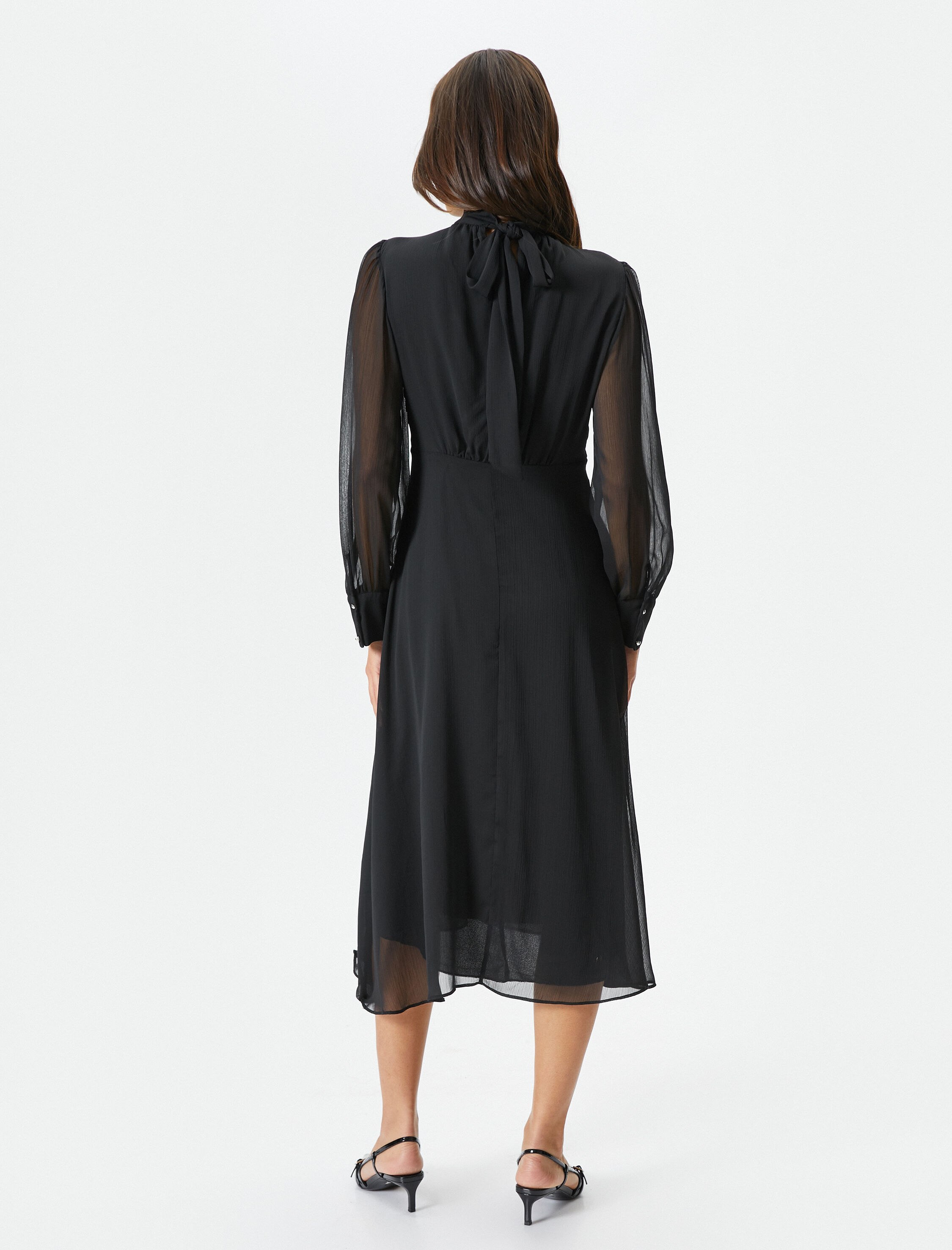   Midi Tül Elbise Uzun Balon Kol Dik Şal Yaka Drape Detaylı