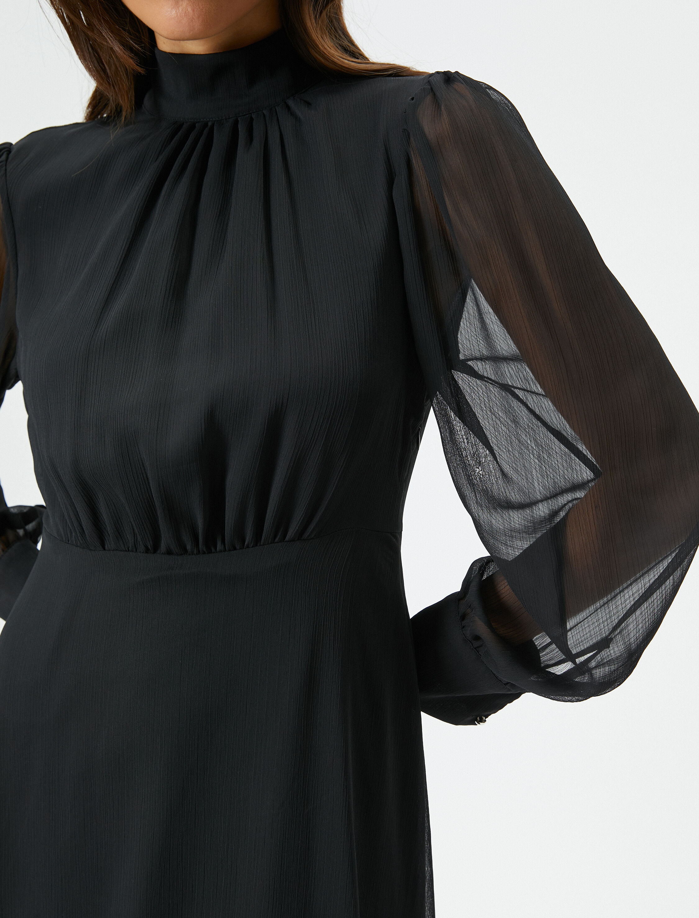   Midi Tül Elbise Uzun Balon Kol Dik Şal Yaka Drape Detaylı