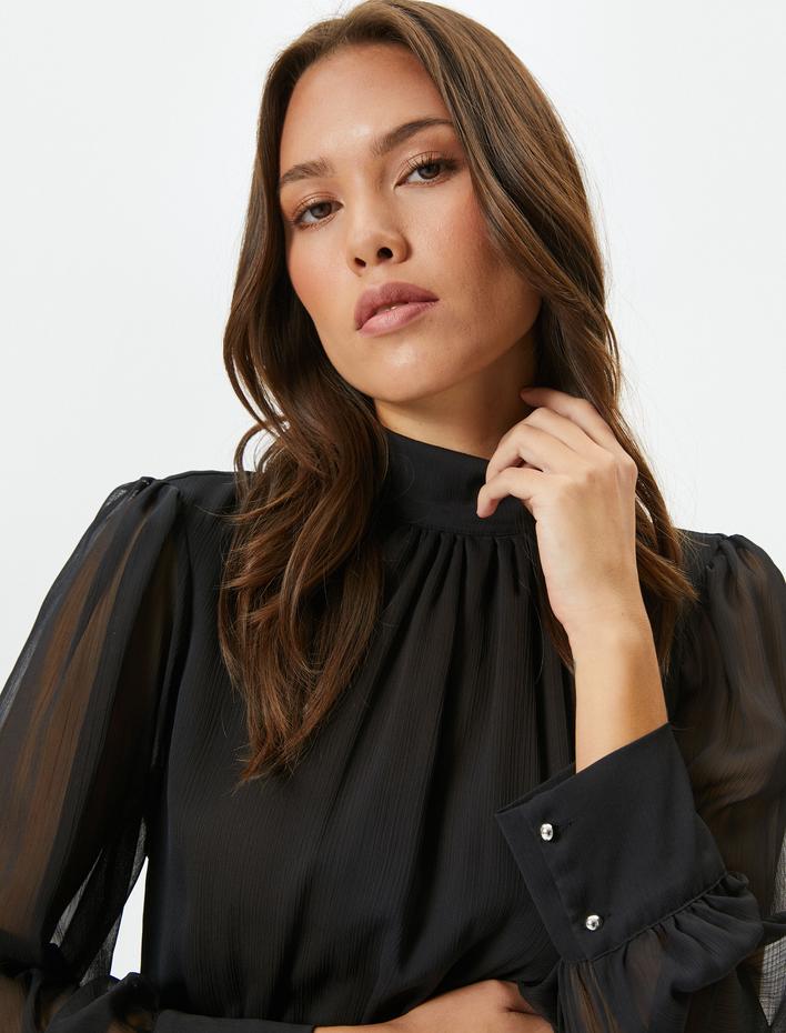  Midi Tül Elbise Uzun Balon Kol Dik Şal Yaka Drape Detaylı