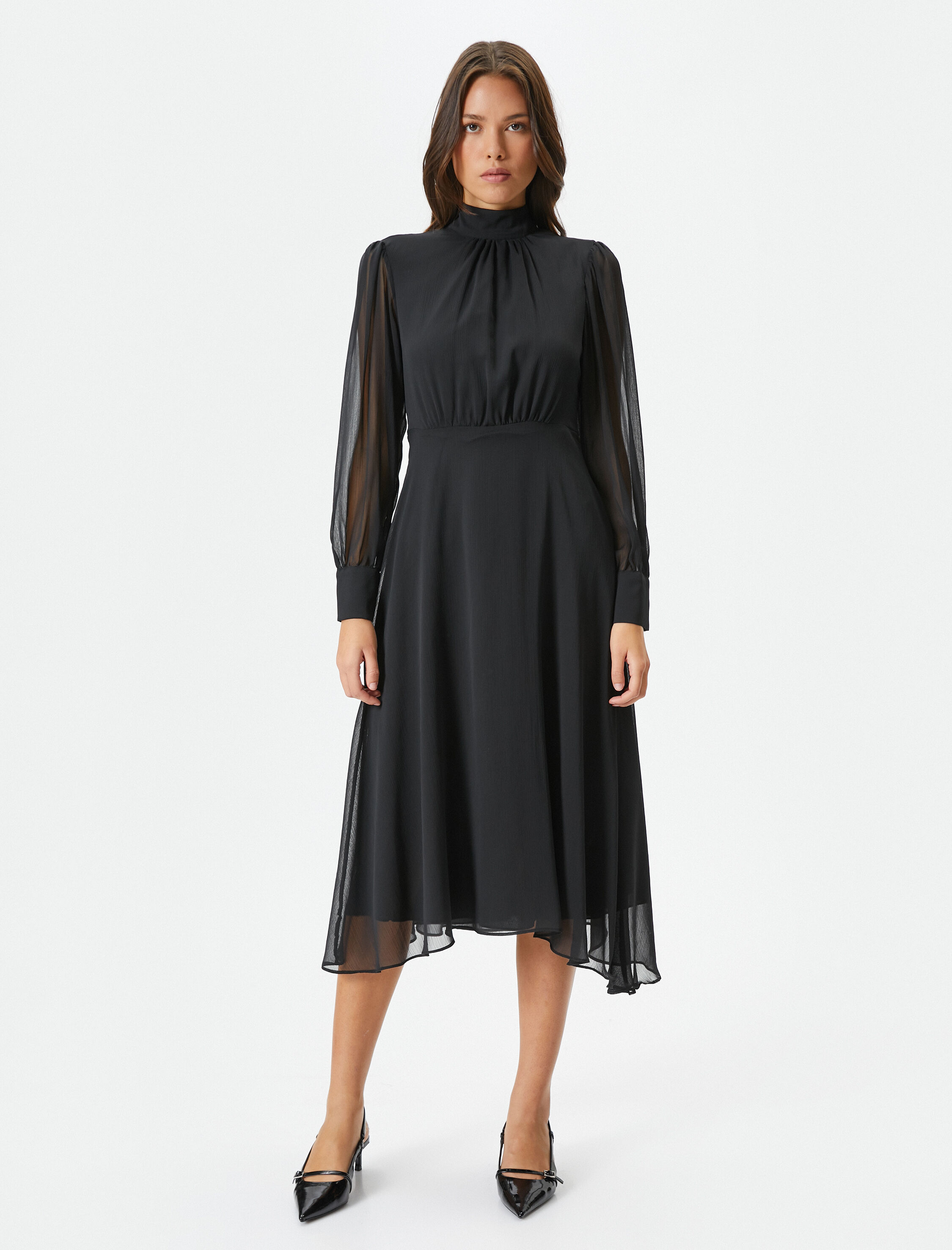   Midi Tül Elbise Uzun Balon Kol Dik Şal Yaka Drape Detaylı