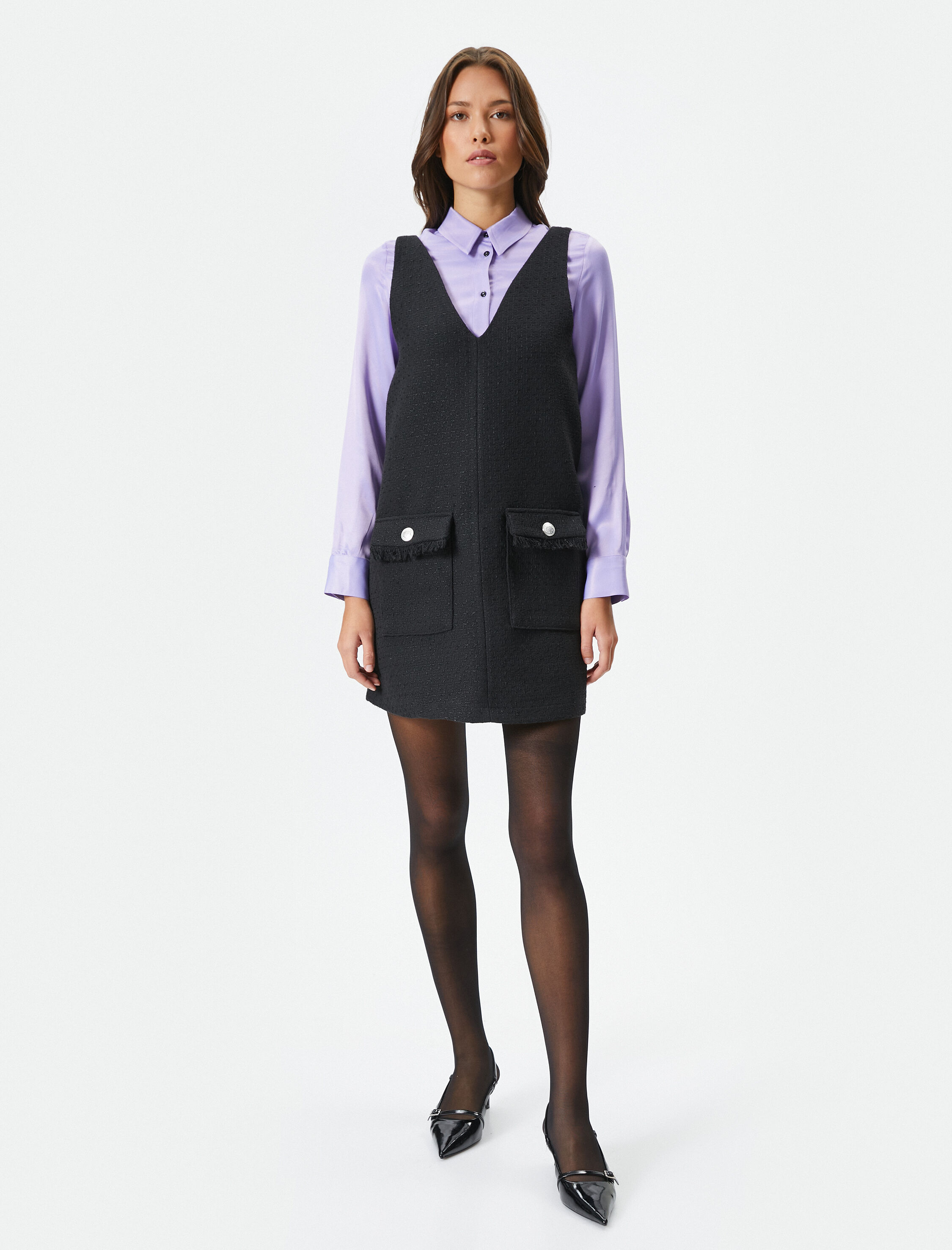   Mini Tüvit Jile Elbise V Yaka Püsküllü Cep Detaylı