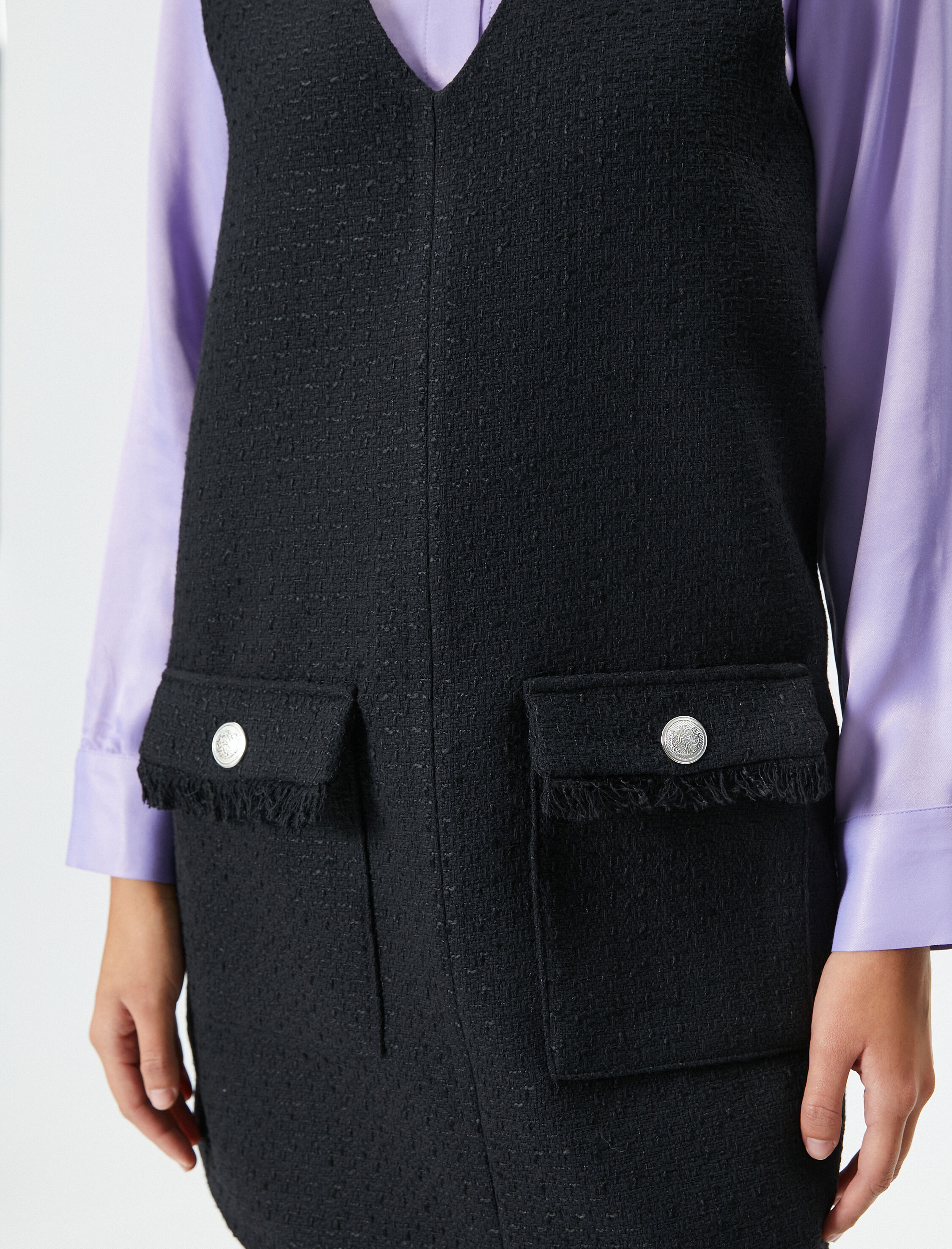   Mini Tüvit Jile Elbise V Yaka Püsküllü Cep Detaylı