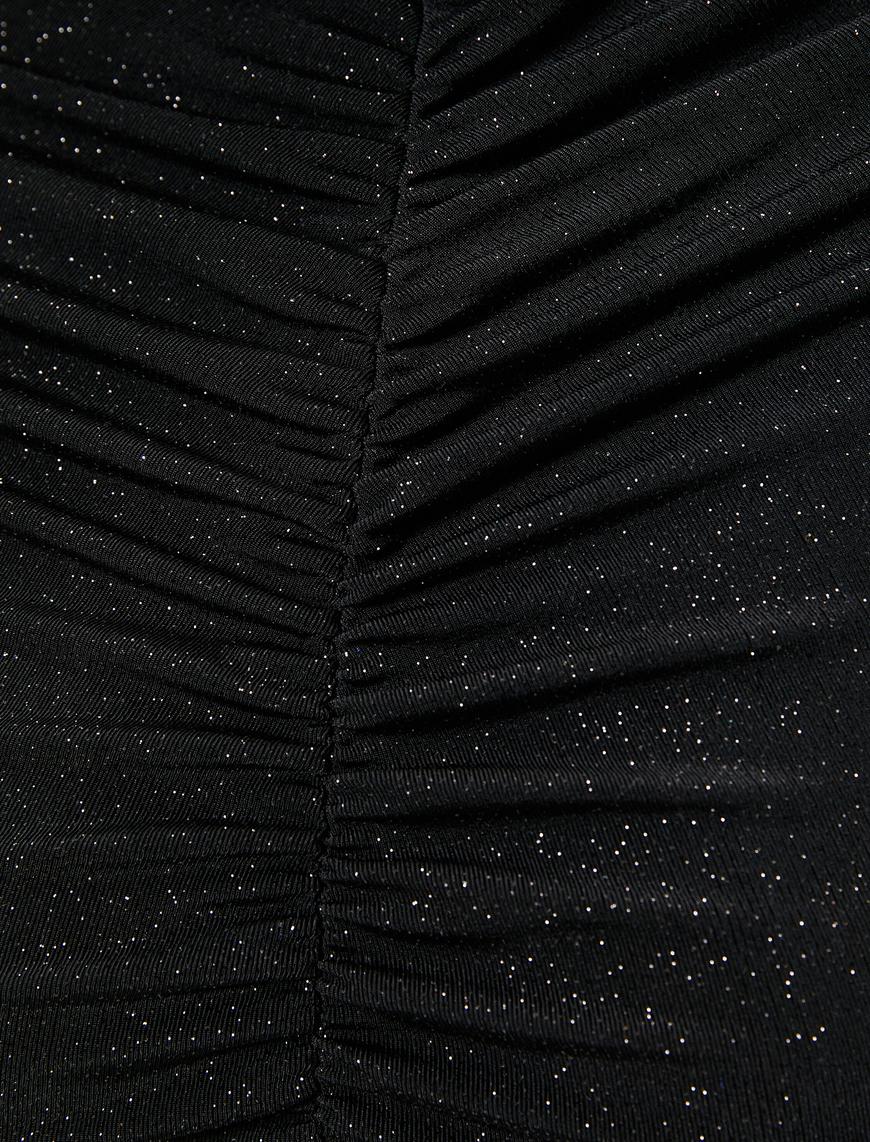   Tuba Ünsal X Koton - Boğazlı Crop Bluz Drape Detaylı Uzun Kollu Parıltılı