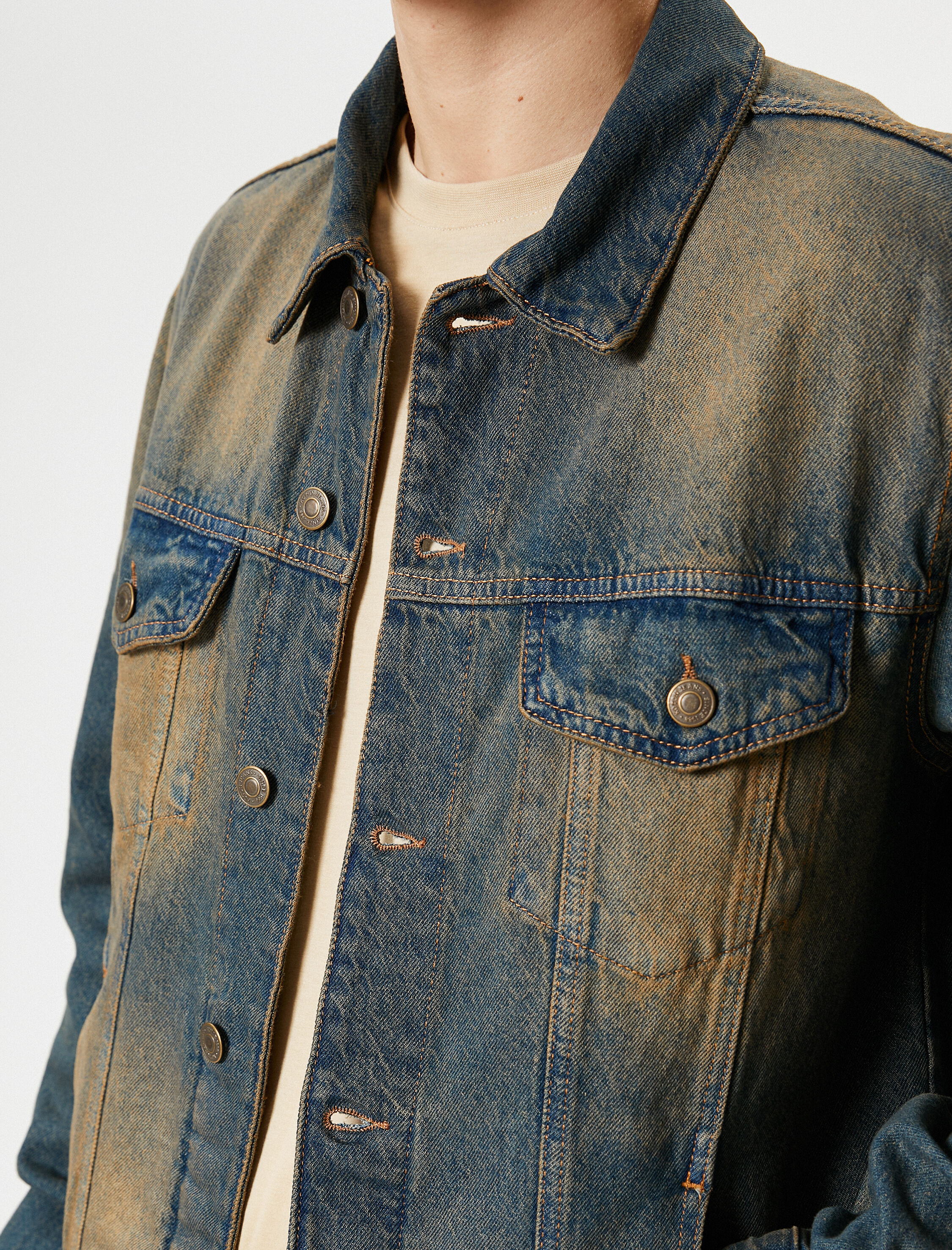 Yıkamalı Kot Ceket Oversize Kapaklı Çift Cepli Düğmeli