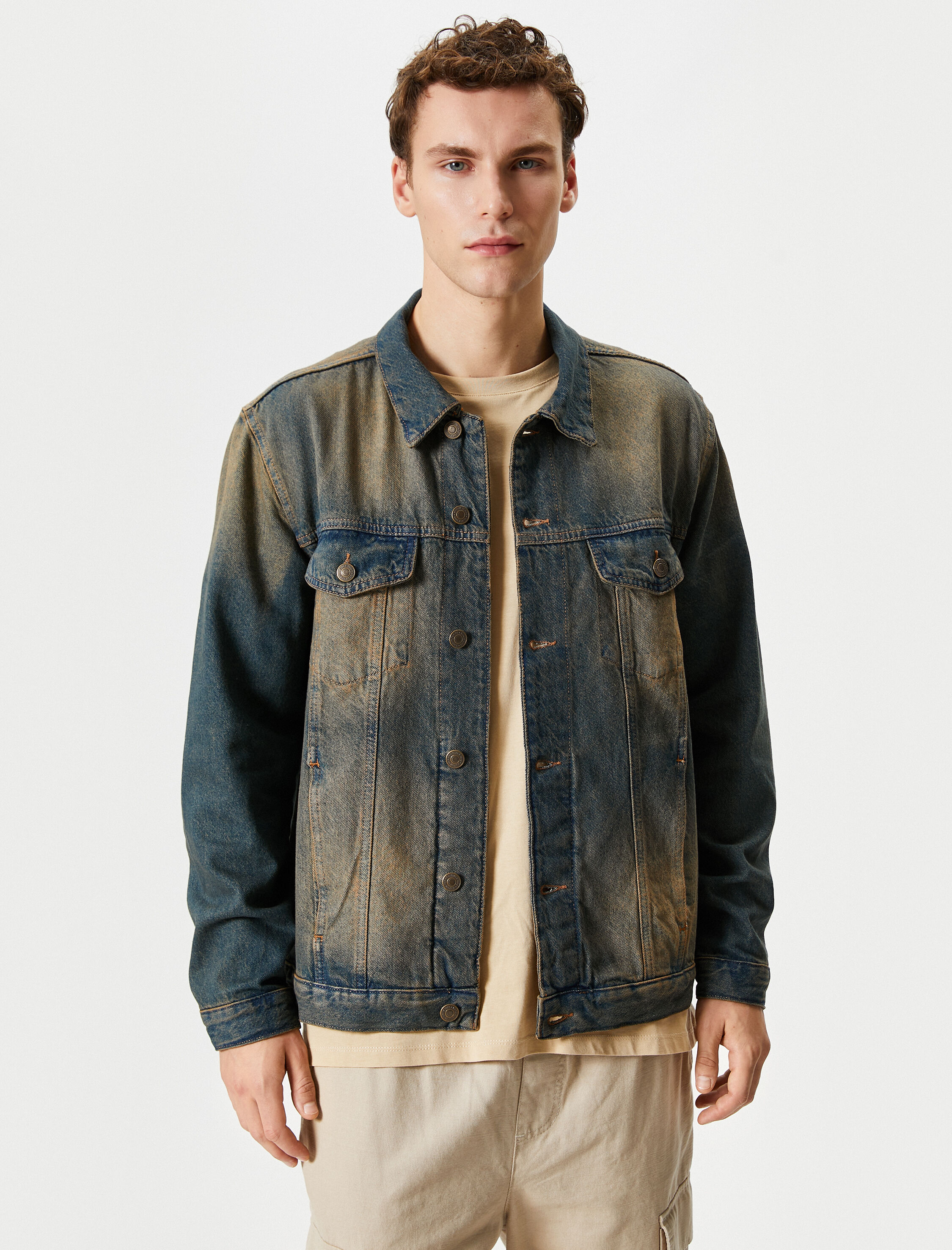 Yıkamalı Kot Ceket Oversize Kapaklı Çift Cepli Düğmeli