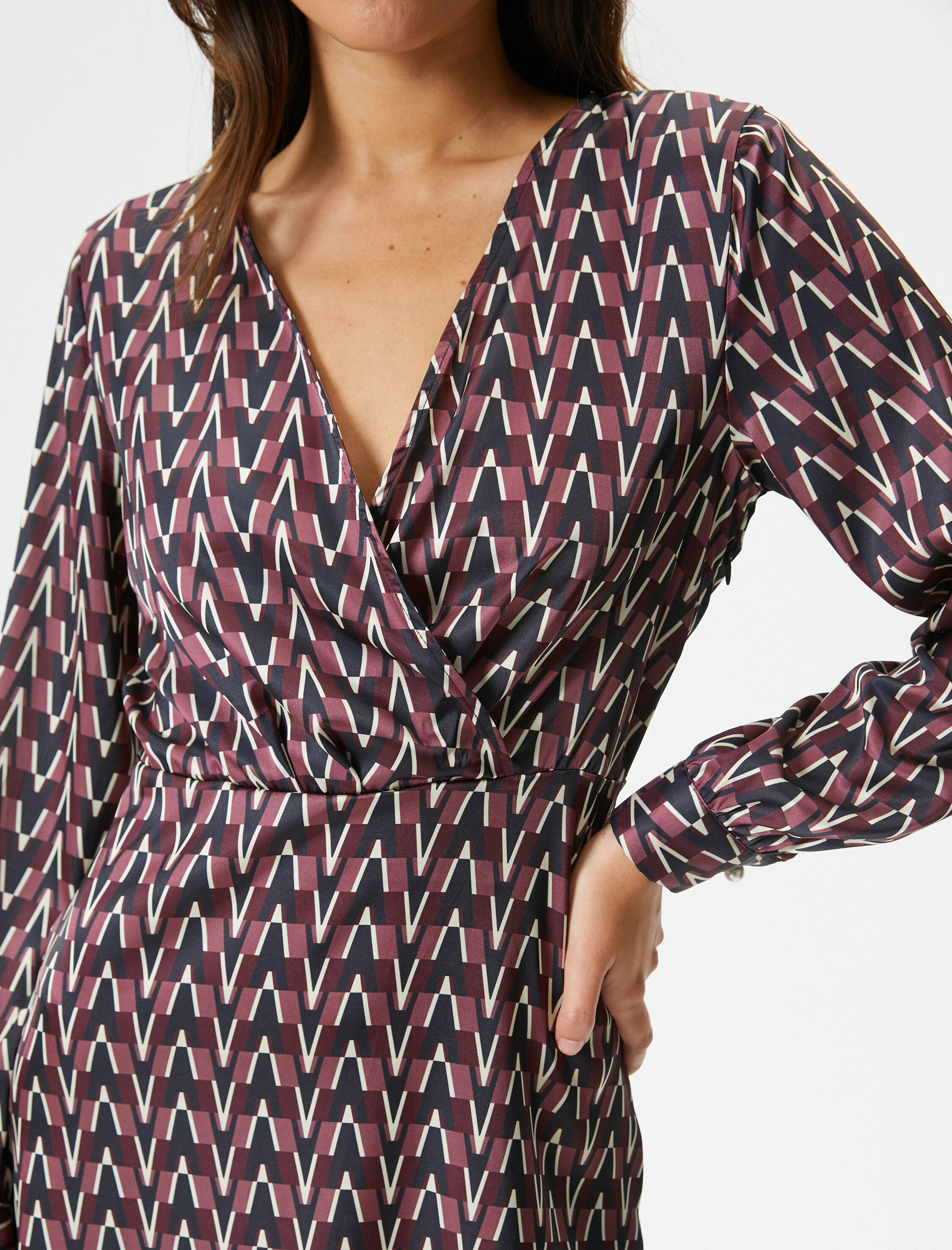   Kruvaze Mini Elbise Uzun Kollu V Yaka