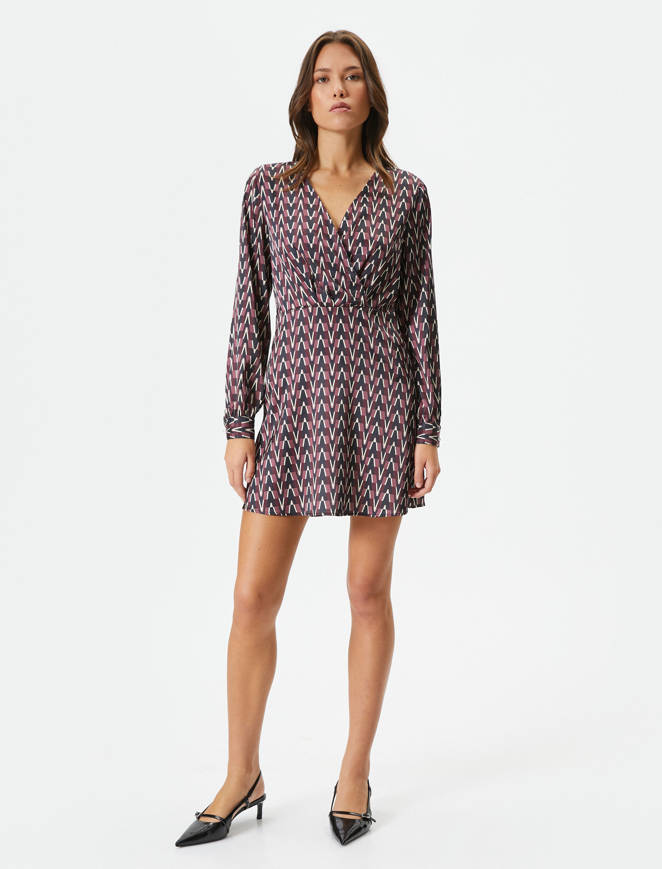   Kruvaze Mini Elbise Uzun Kollu V Yaka