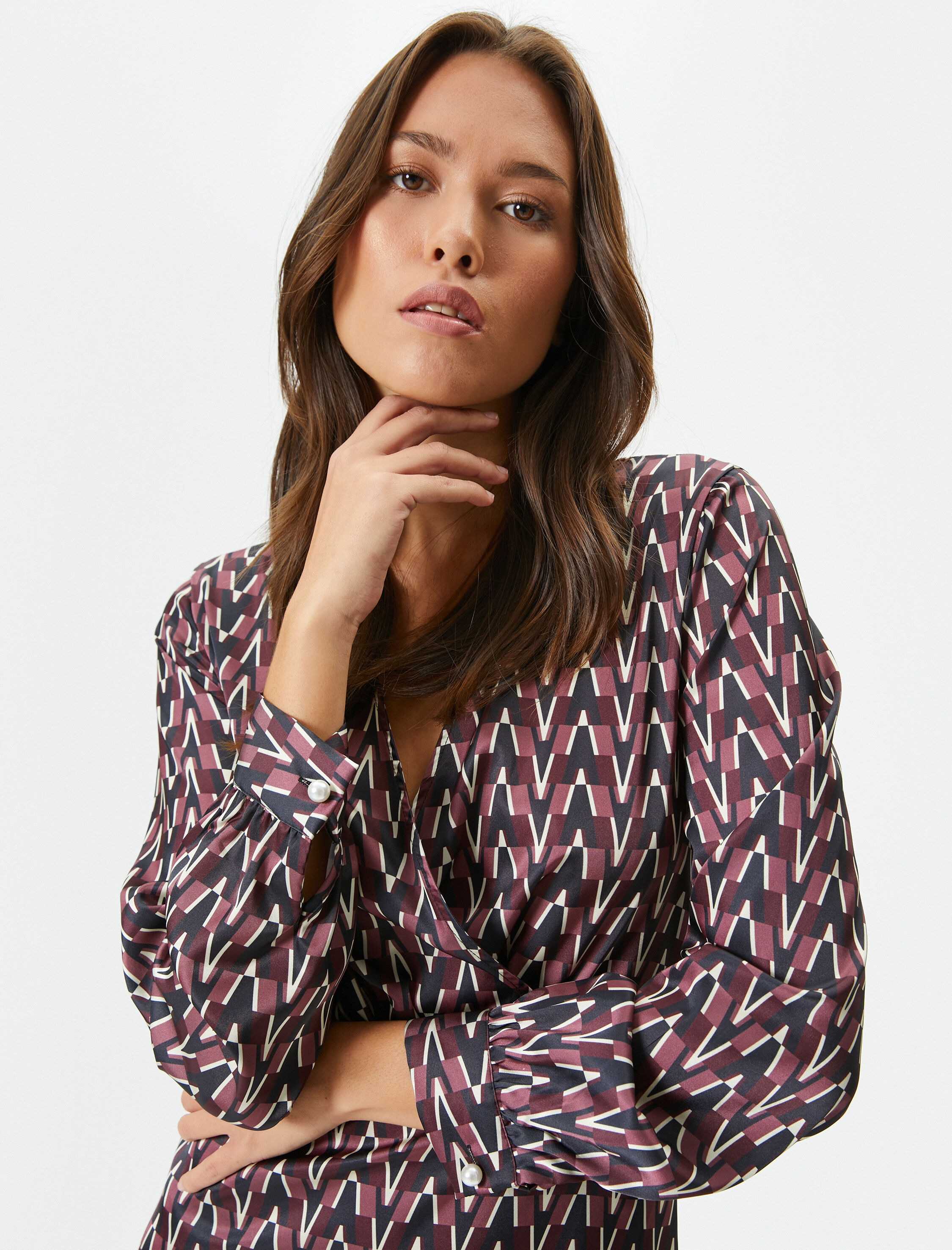   Kruvaze Mini Elbise Uzun Kollu V Yaka