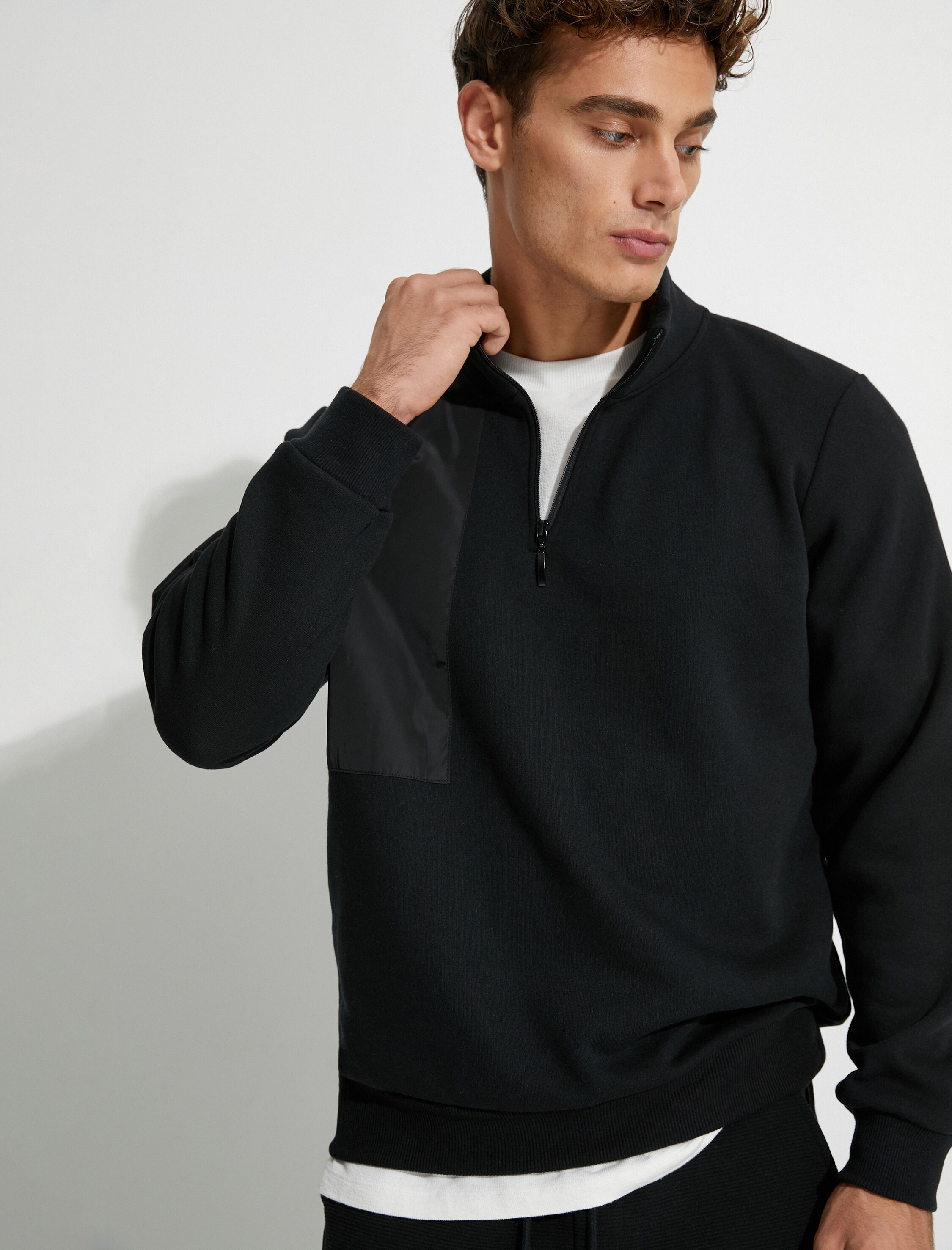   Yarım Fermuarlı Sweatshirt Dik Yaka Blok Detaylı Şardonlu