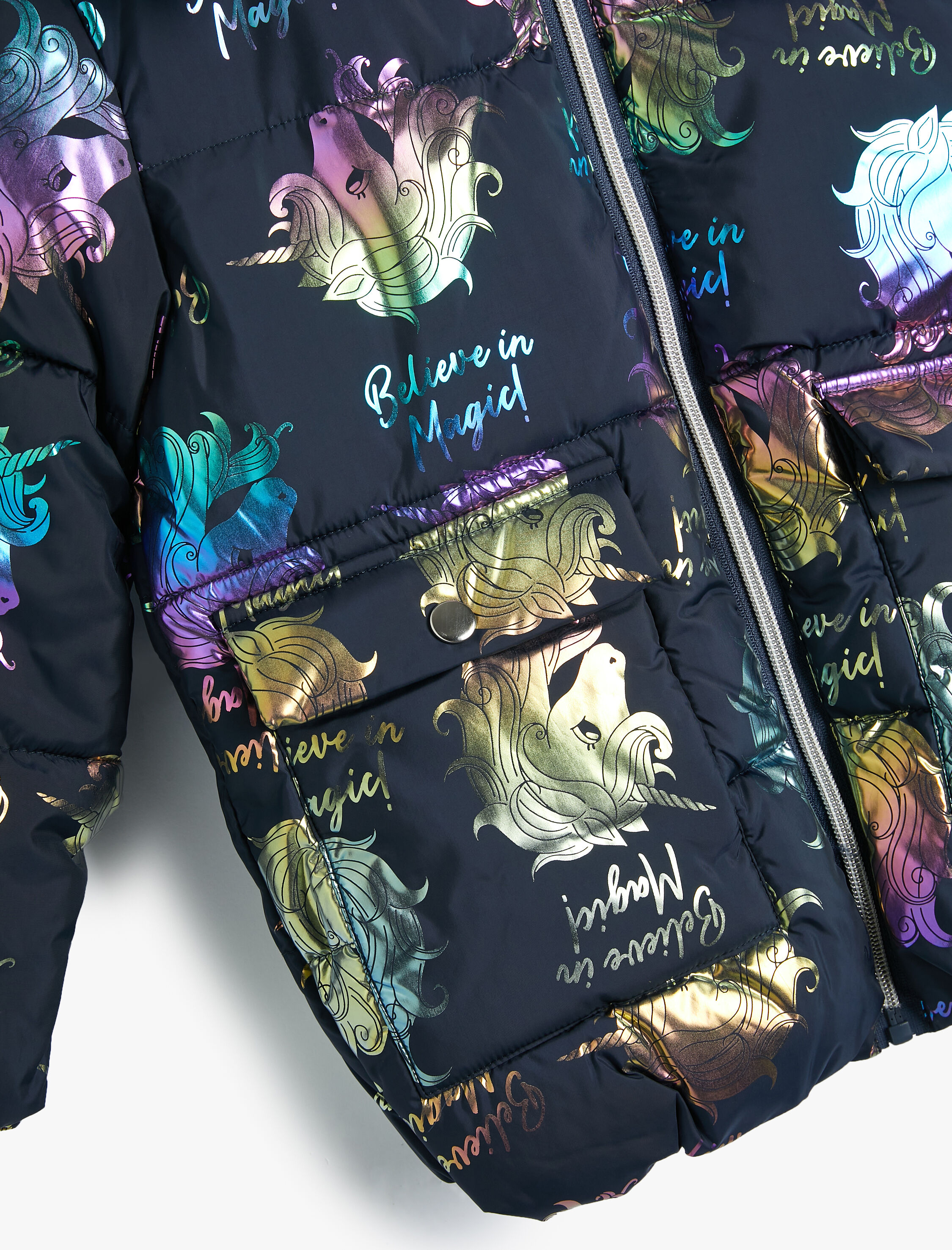  Kız Çocuk Oversize Şişme Mont Unicorn Baskılı Kapaklı Cepli Polar Astarlı