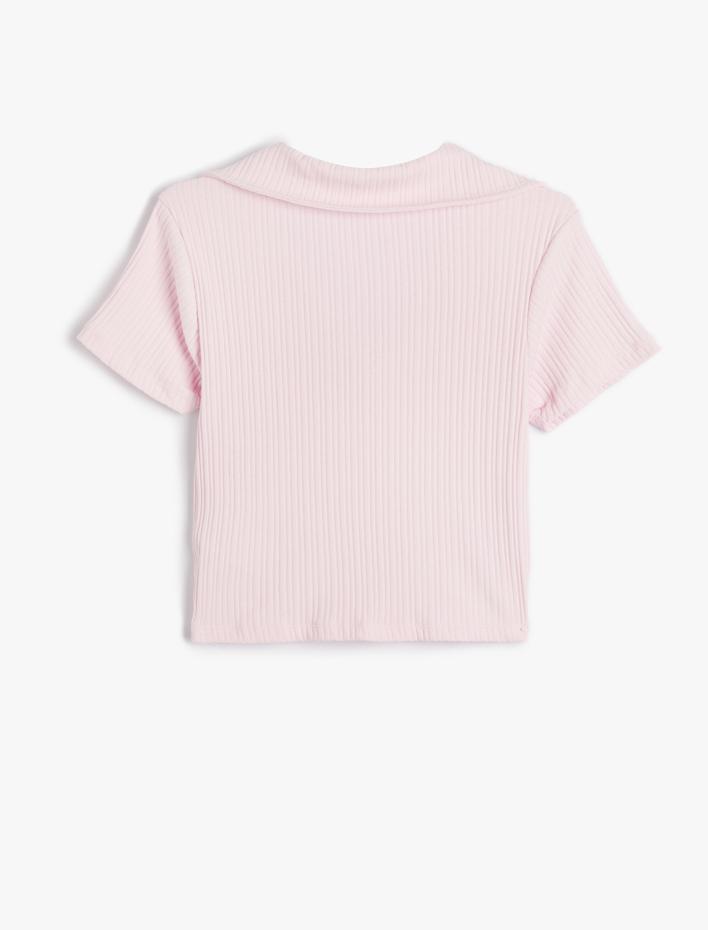  Polo Yaka Crop Tişört Kısa Kollu Ribanalı Pamuklu