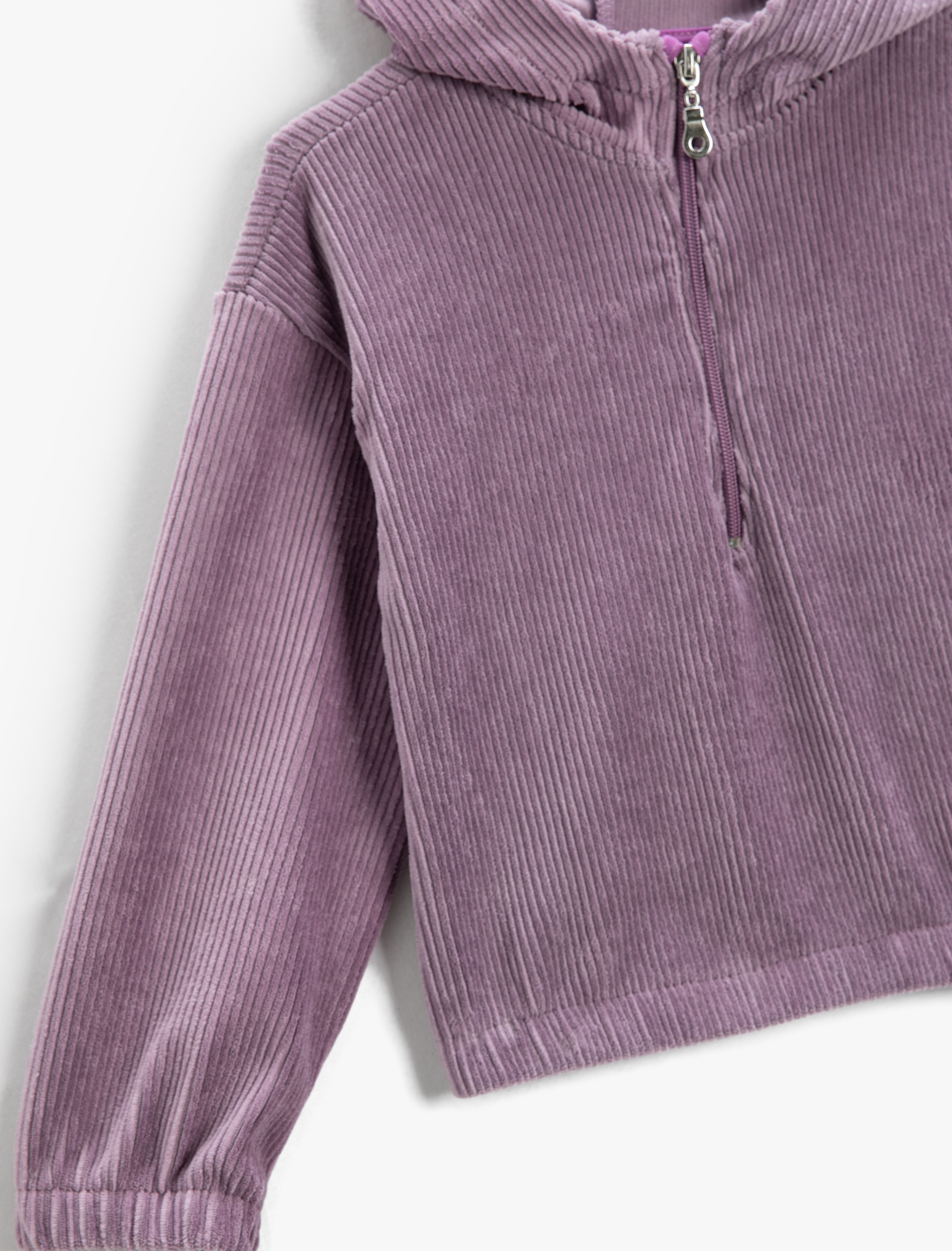  Kız Çocuk Kapşonlu Sweatshirt Fitilli Kadife Yarım Fermuar Detaylı