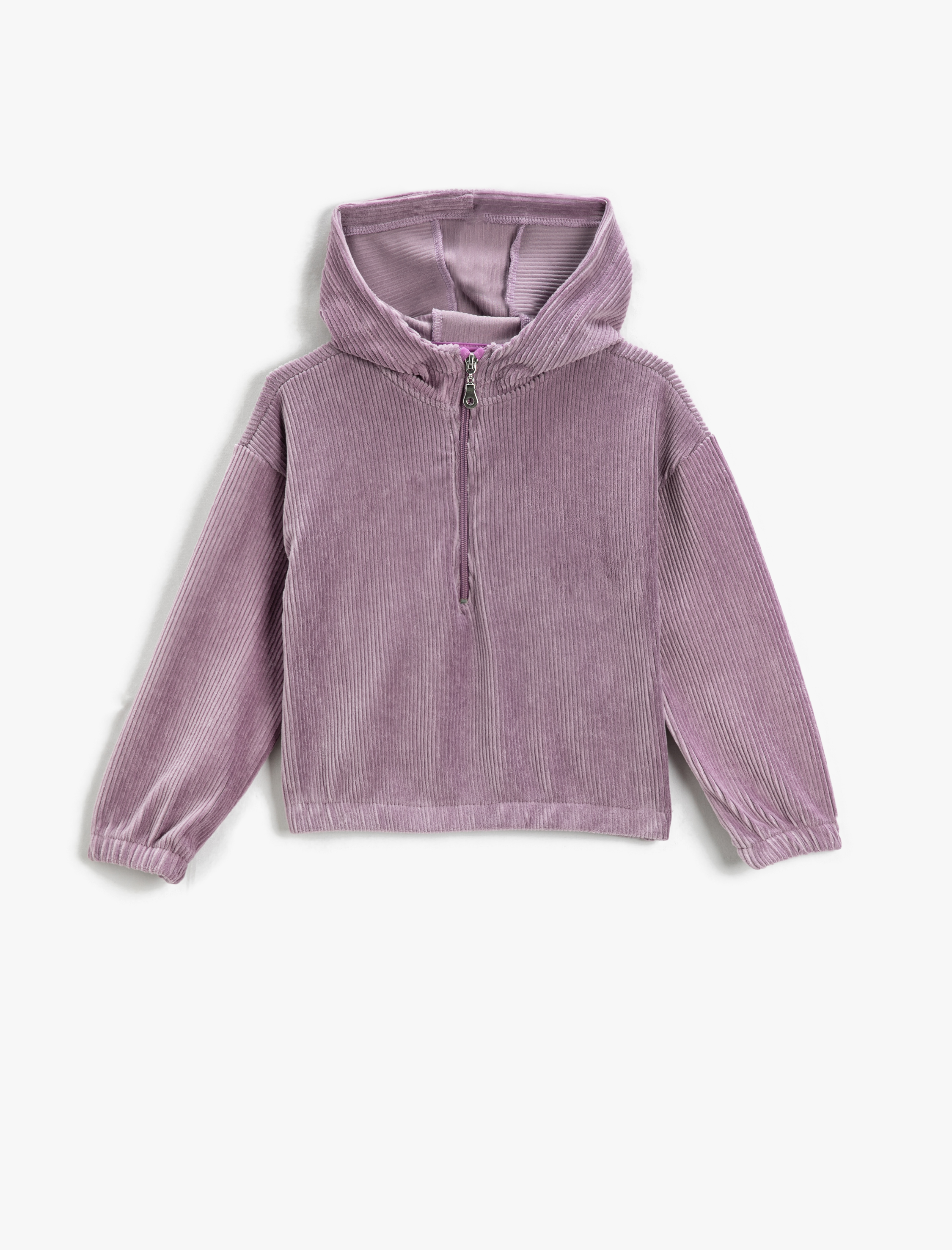  Kız Çocuk Kapşonlu Sweatshirt Fitilli Kadife Yarım Fermuar Detaylı