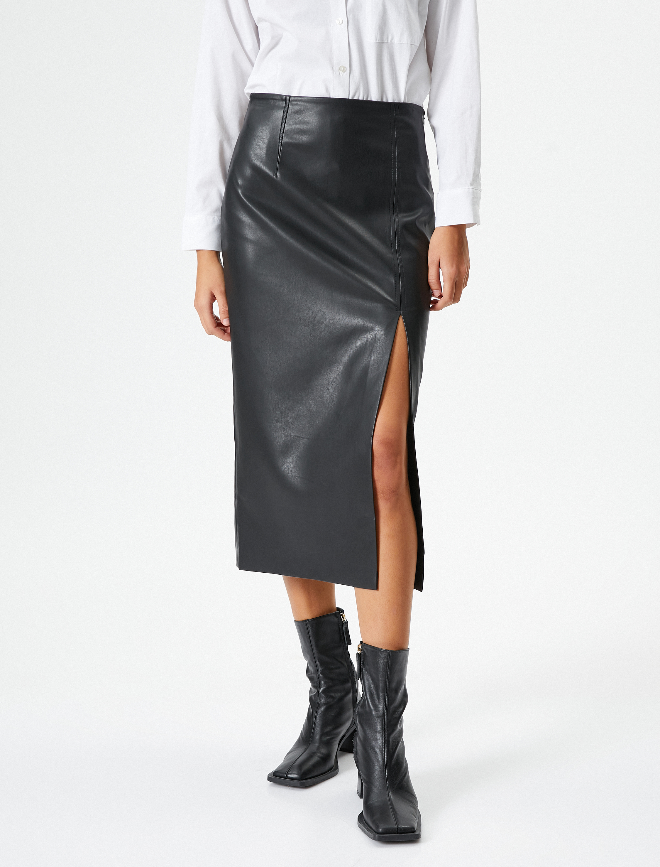   Suni Deri Midi Etek Yırtmaçlı