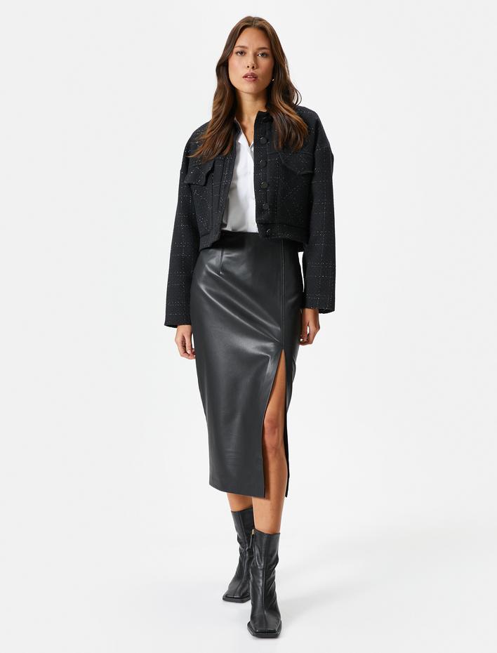  Suni Deri Midi Etek Yırtmaçlı