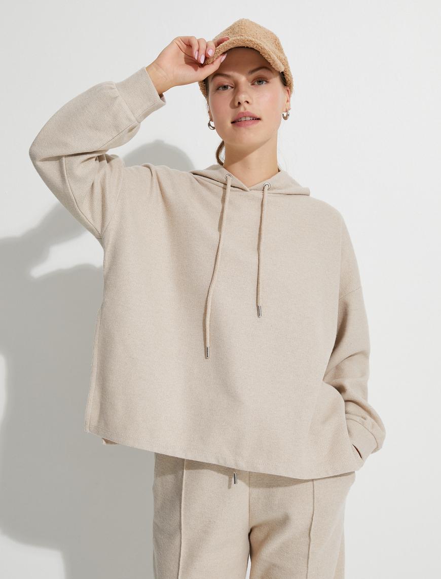   Kapüşonlu Sweatshirt Ribanalı Düşük Omuzlu Uzun Kollu
