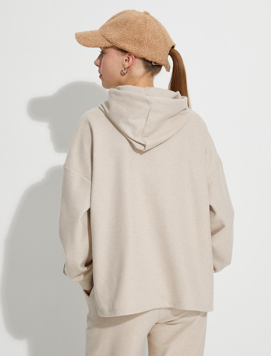   Kapüşonlu Sweatshirt Ribanalı Düşük Omuzlu Uzun Kollu