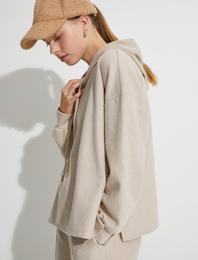 Kapüşonlu Sweatshirt Ribanalı Düşük Omuzlu Uzun Kollu