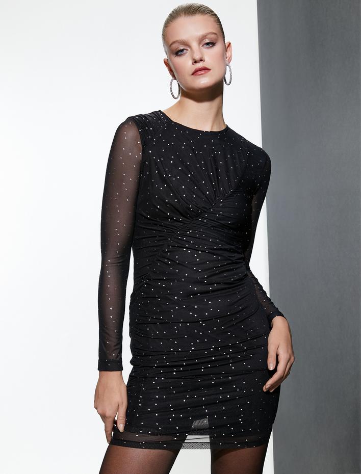  Mini Abiye Elbise Uzun Kollu Puantiyeli Bisiklet Yaka Drapeli