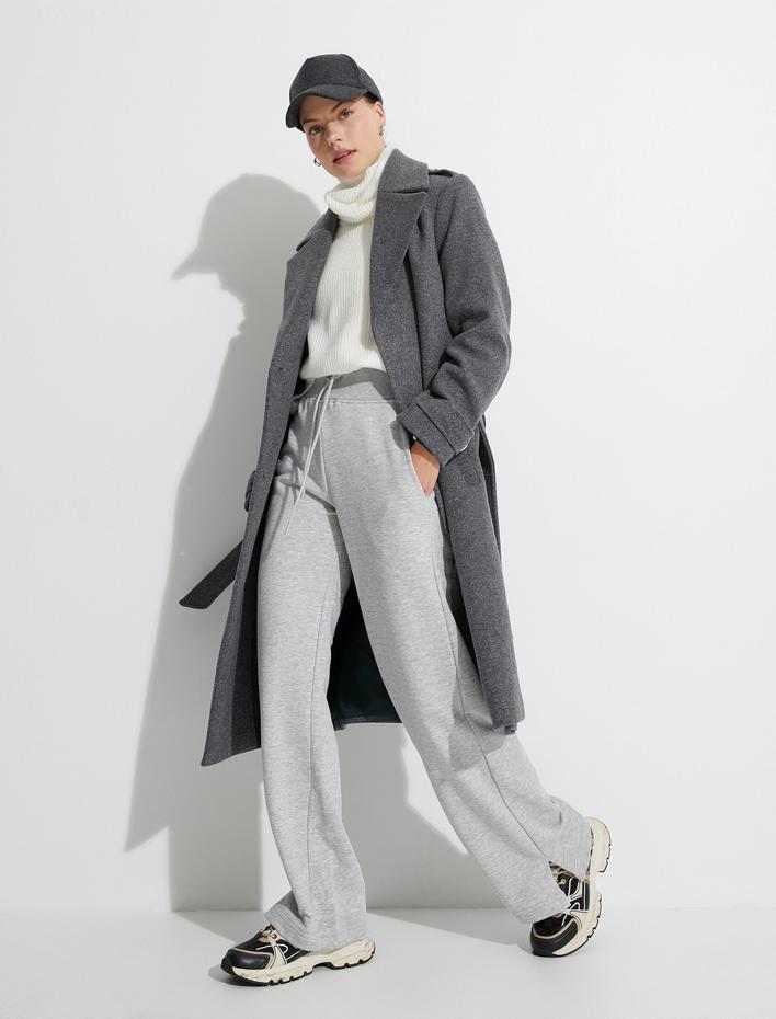  İspanyol Paça Eşofman Altı Yüksek Bel Cepli Pamuk Karışımlı