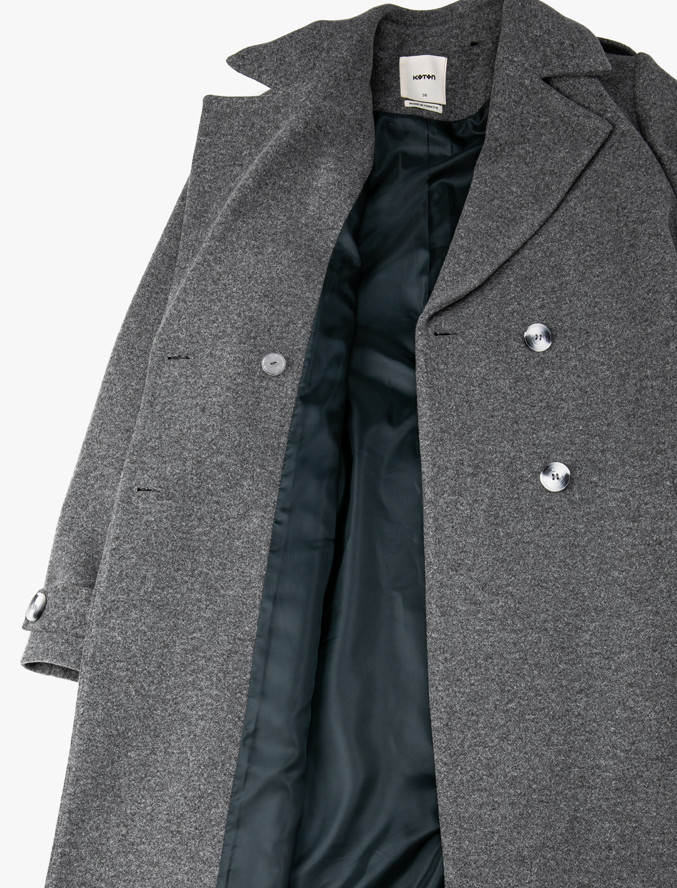   Uzun Kaşe Kaban Beli Kuşaklı Kruvaze Düğmeli Cep Detaylı