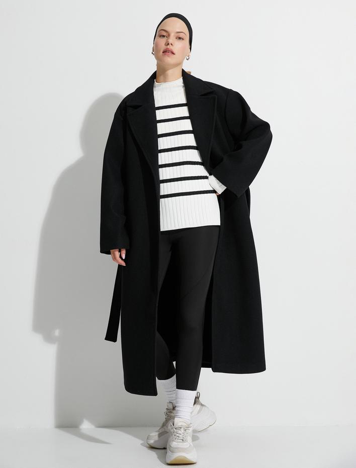  Uzun Kaşe Kaban Beli Kuşaklı Cepli Kruvaze Yaka