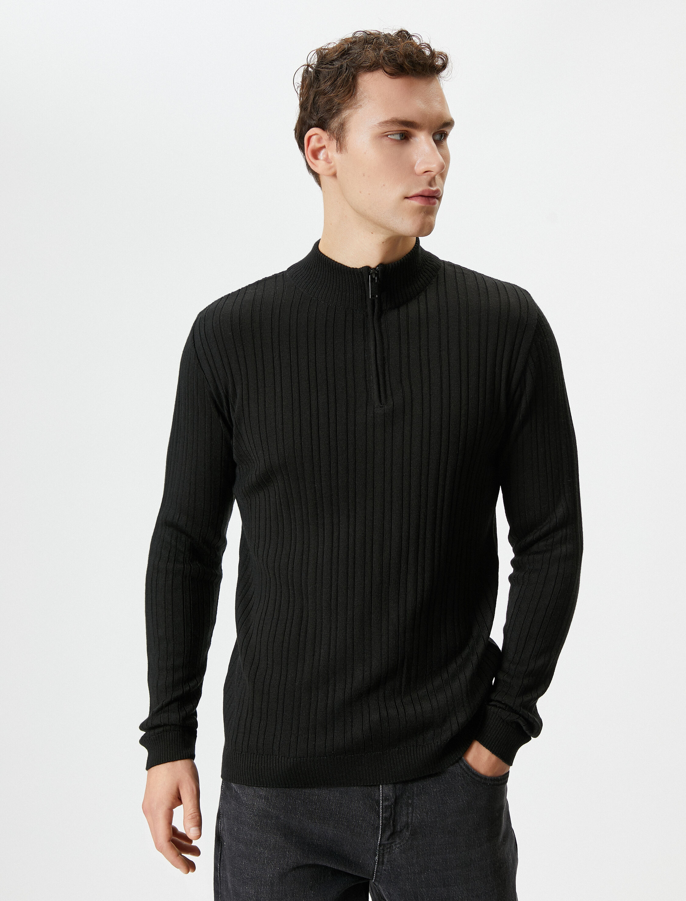   Yarım Fermuarlı Kazak Dik Yaka Dokulu Uzun Kollu