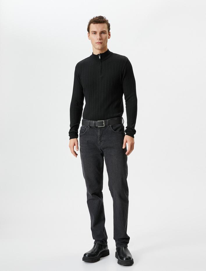  Yarım Fermuarlı Kazak Dik Yaka Dokulu Uzun Kollu