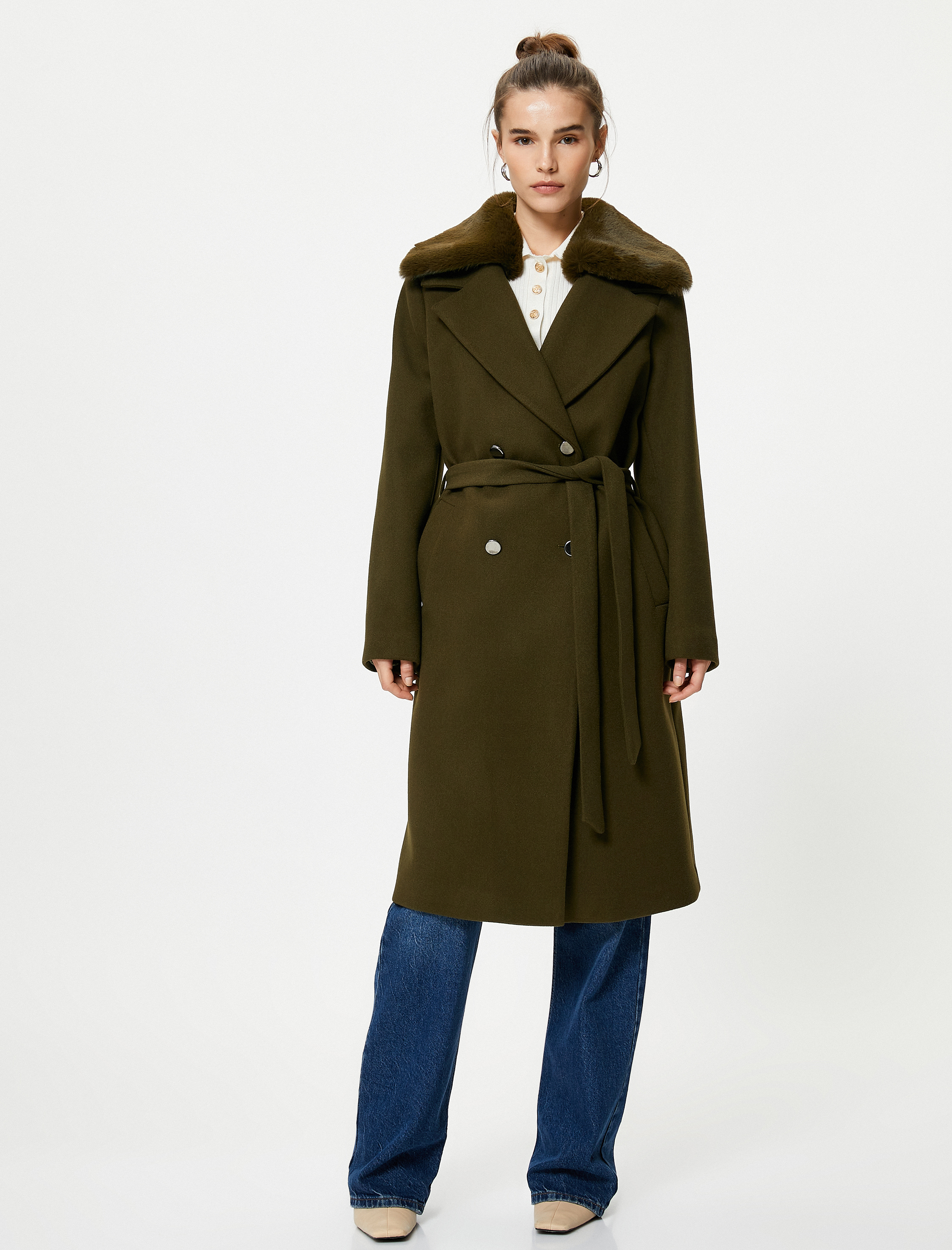   Kaşe Kaban Çıkarılabilir Suni Kürklü Beli Kuşaklı Kruvaze Düğmeli Cepli