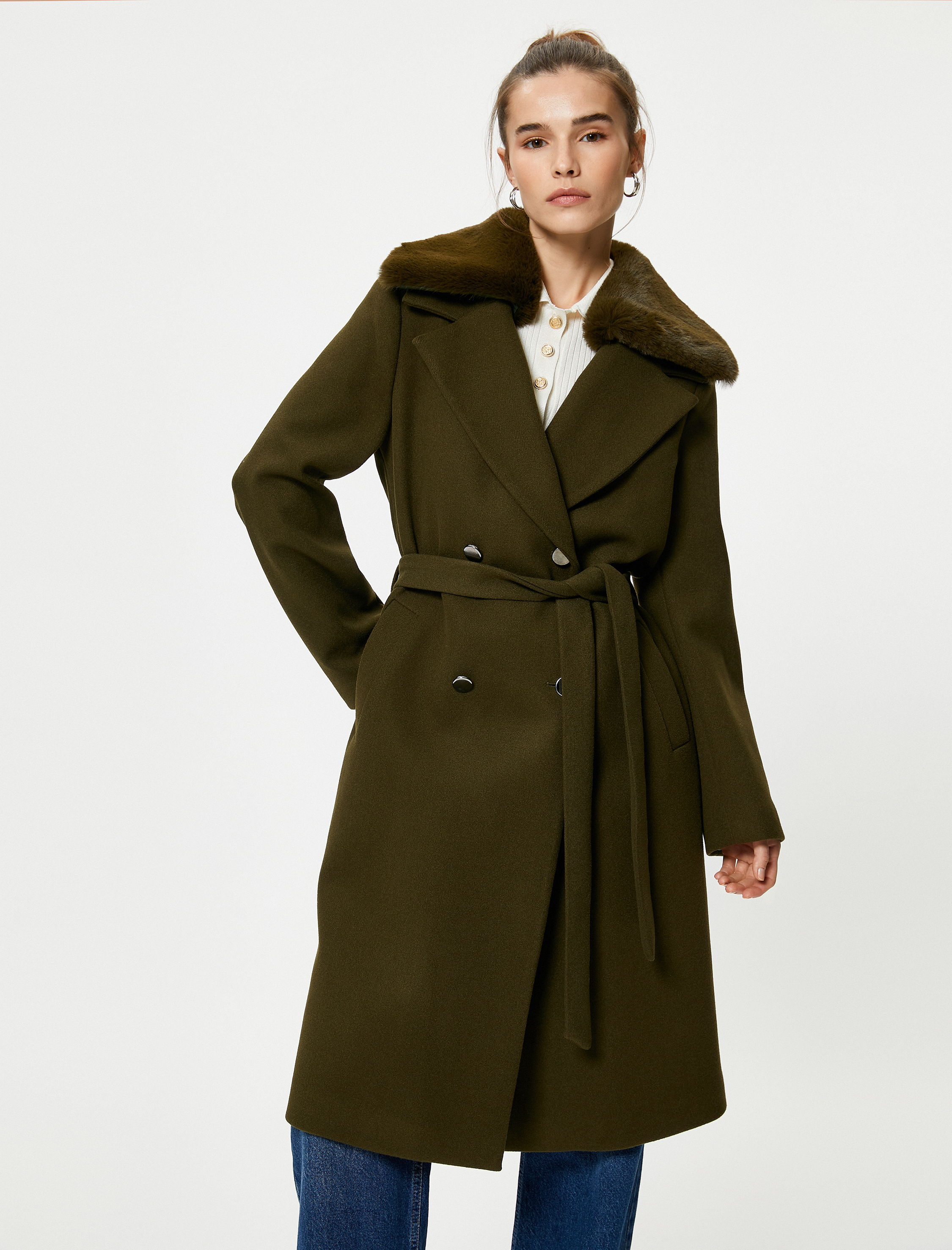   Kaşe Kaban Çıkarılabilir Suni Kürklü Beli Kuşaklı Kruvaze Düğmeli Cepli