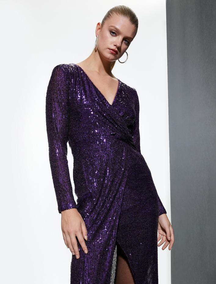  Uzun Abiye Elbise Kruvaze Pul Payet İşlemeli Uzun Kollu V Yaka Asimetrik Kesim