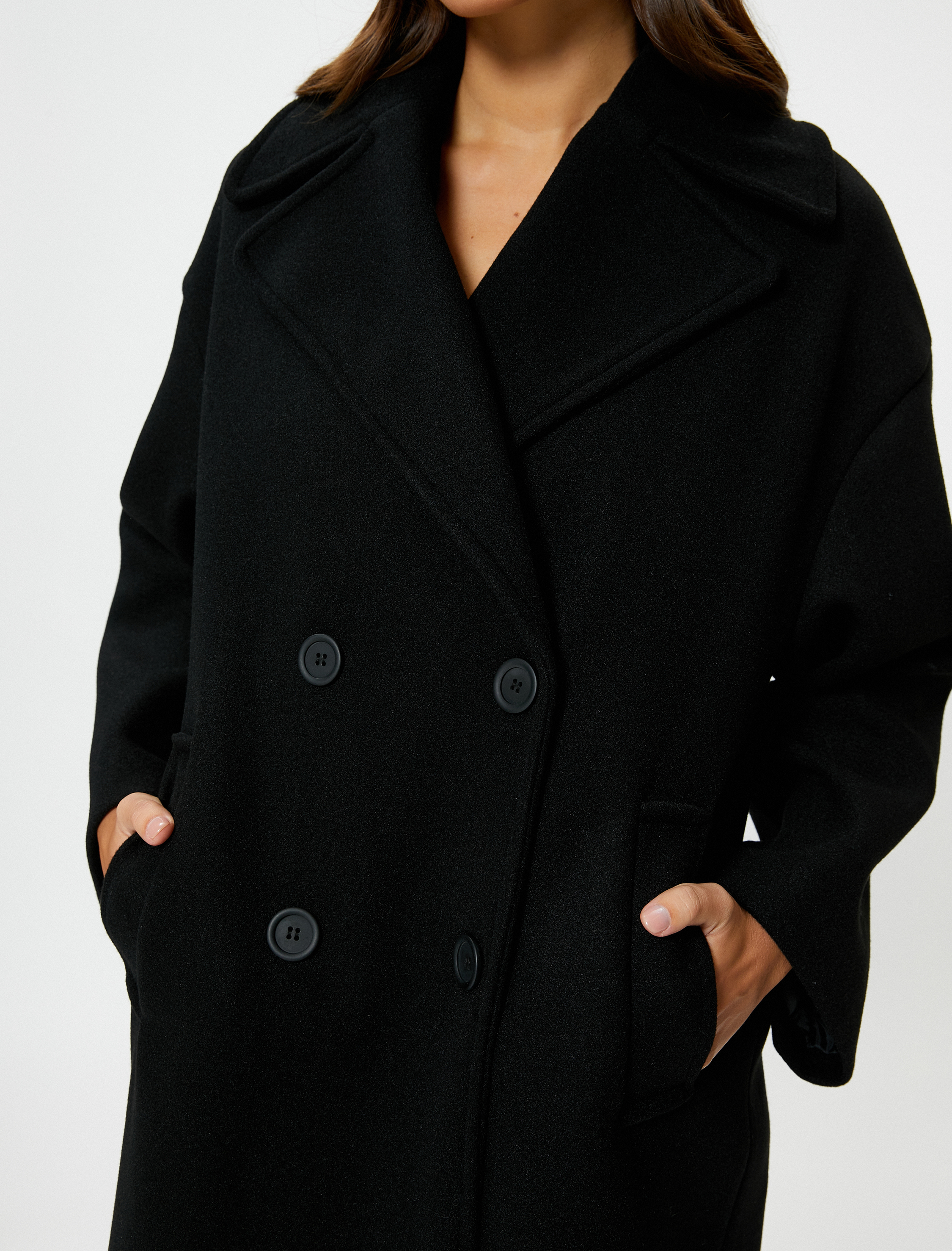   Kaşe Oversize Kaban Kruvaze Düğmeli Uzun Boy