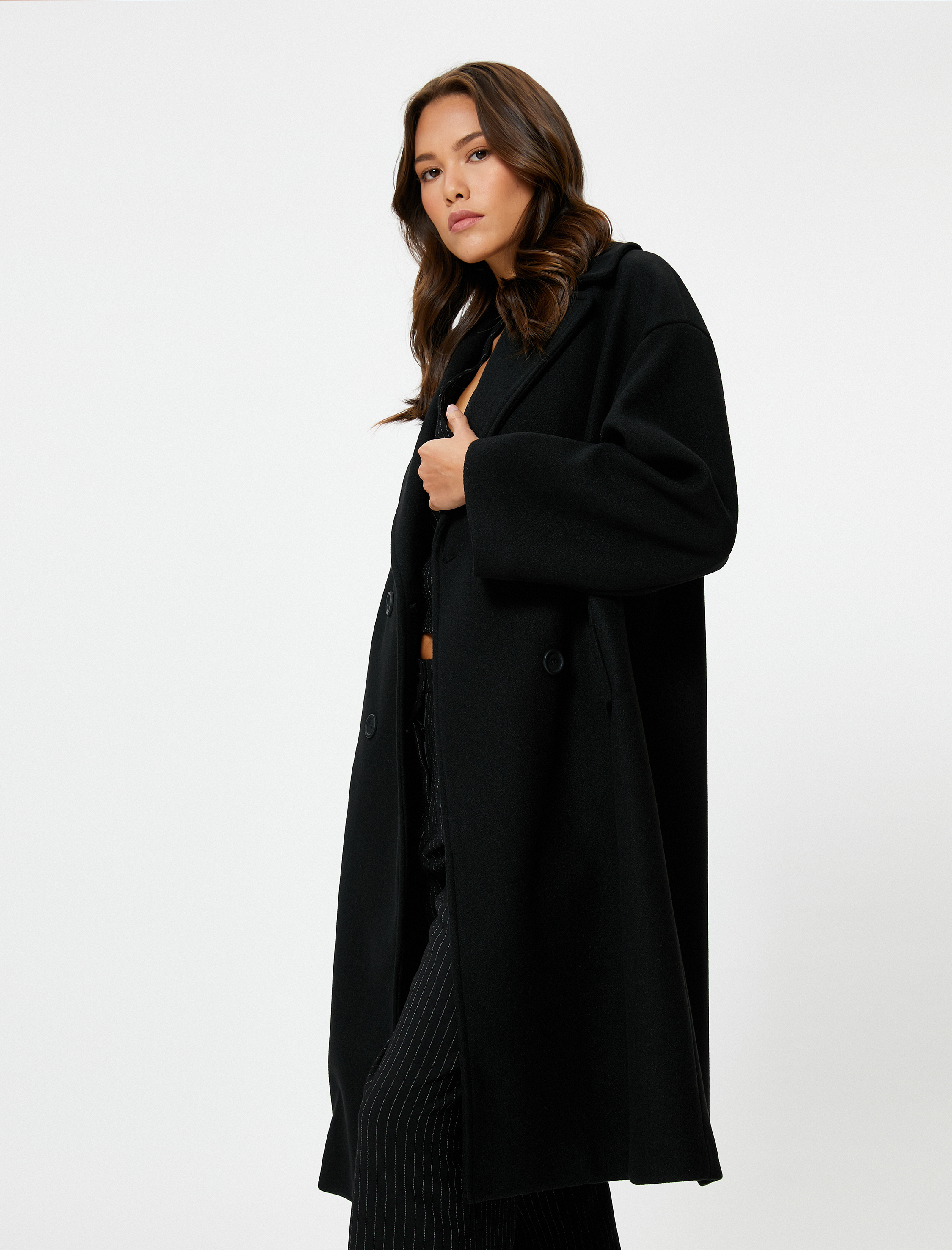   Kaşe Oversize Kaban Kruvaze Düğmeli Uzun Boy