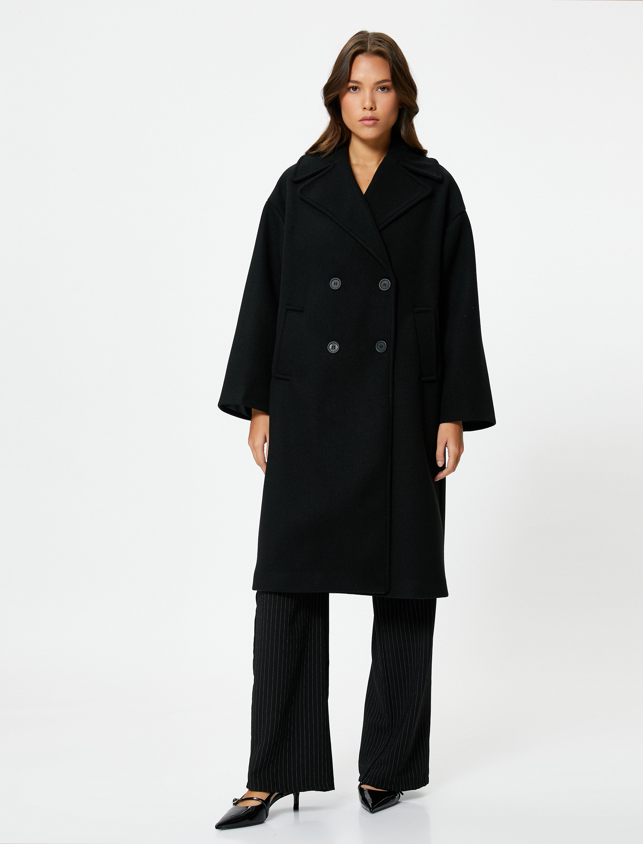   Kaşe Oversize Kaban Kruvaze Düğmeli Uzun Boy