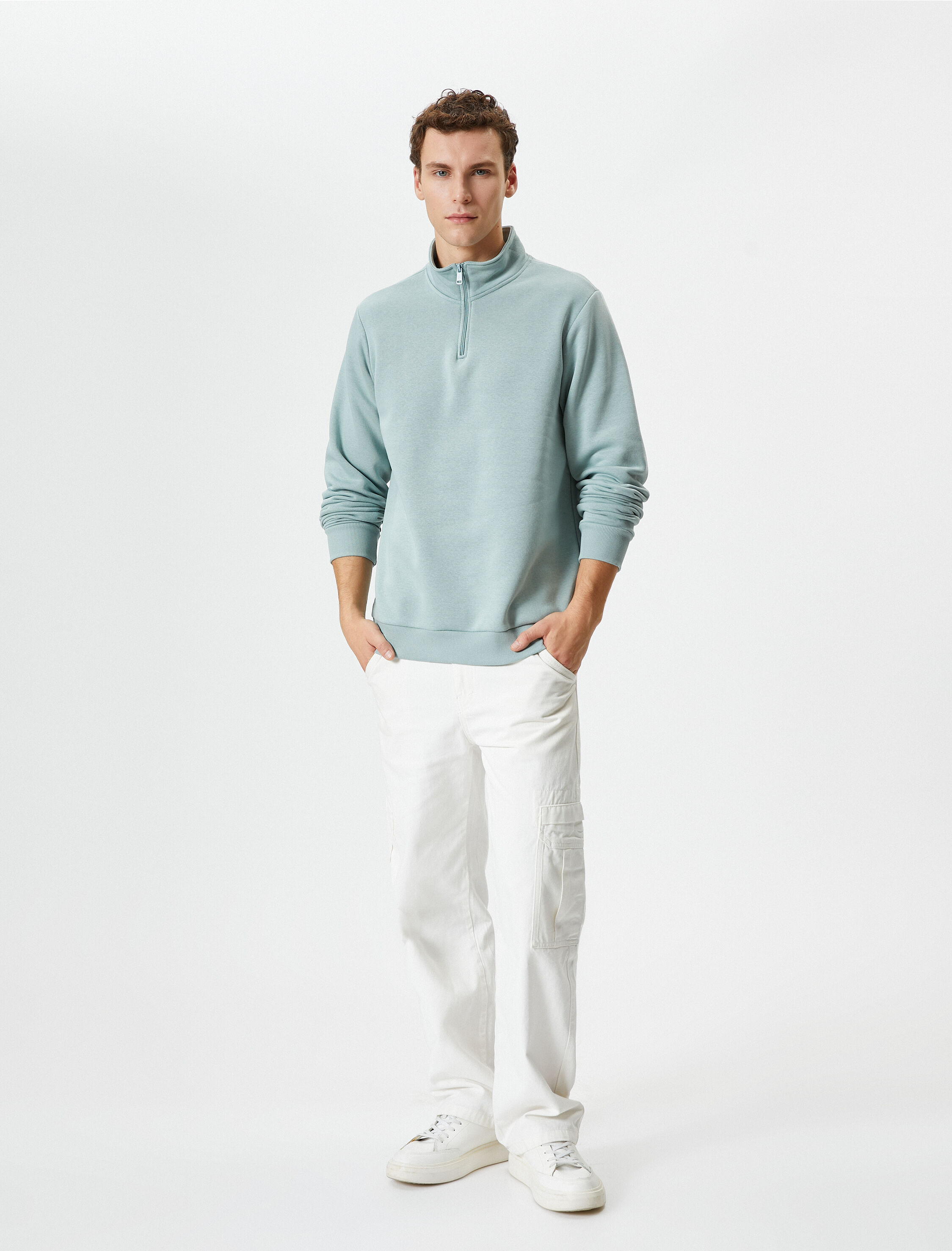   Yarım Fermuarlı Sweatshirt Dik Yaka Uzun Kollu Şardonlu