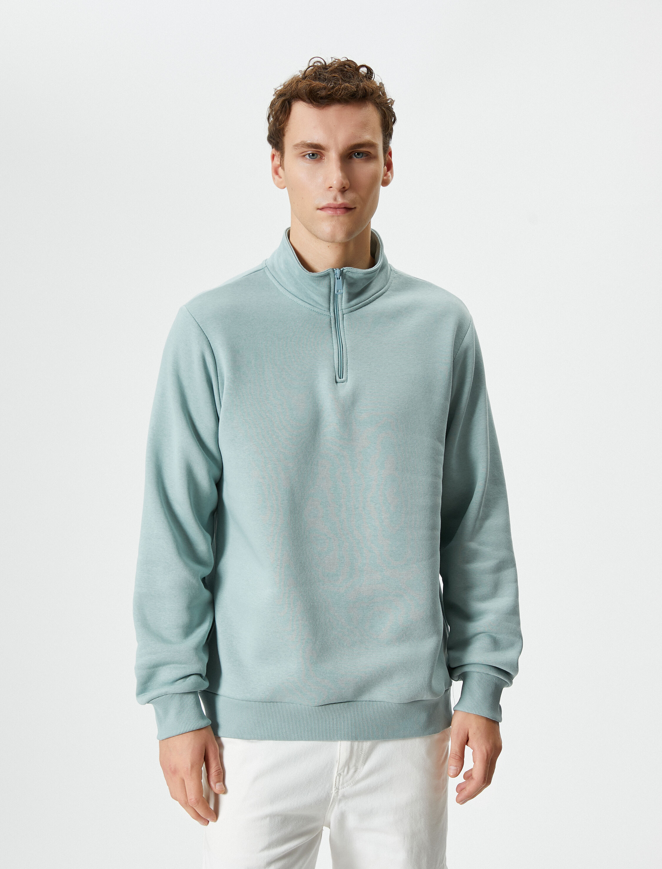   Yarım Fermuarlı Sweatshirt Dik Yaka Uzun Kollu Şardonlu