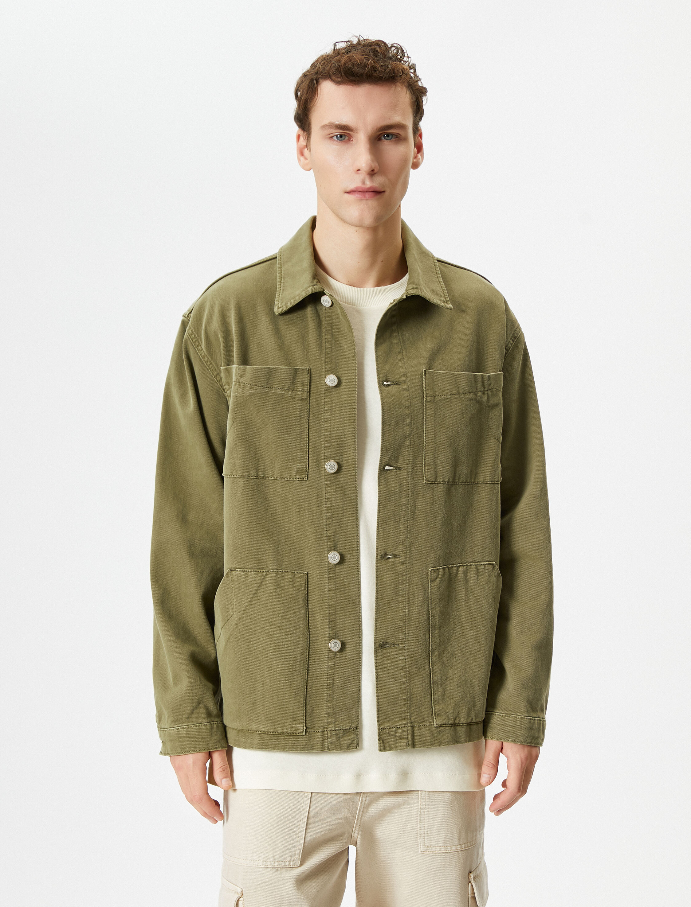   Gömlek Ceket Yıkamalı Çift Cep Detaylı Klasik Yaka Düğmeli