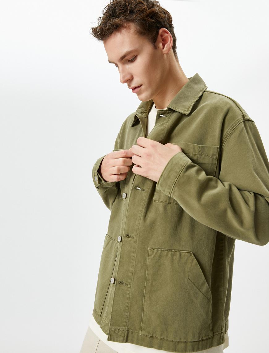   Gömlek Ceket Yıkamalı Çift Cep Detaylı Klasik Yaka Düğmeli