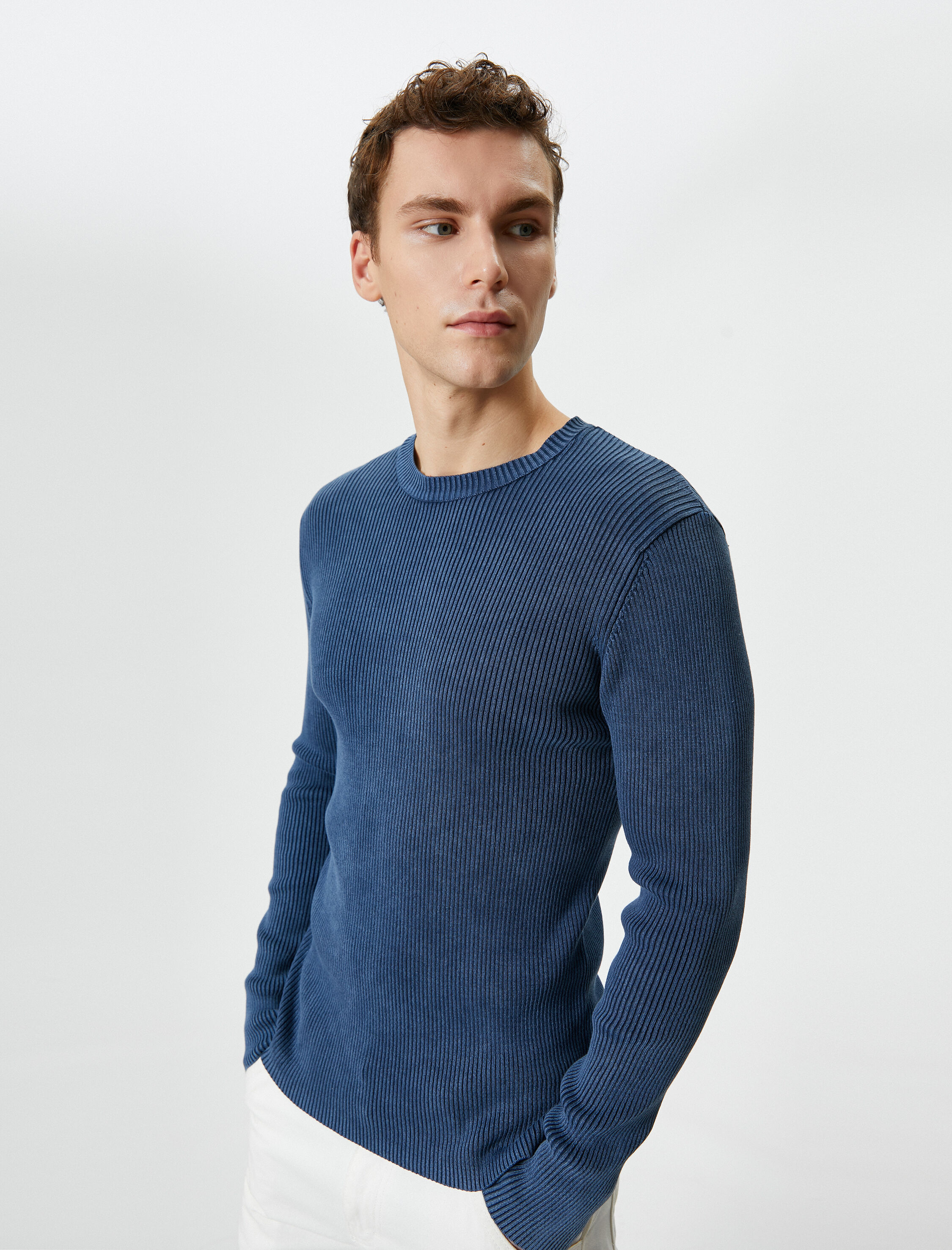   Yıkamalı Triko Kazak Bisiklet Yaka Dokulu Pamuklu