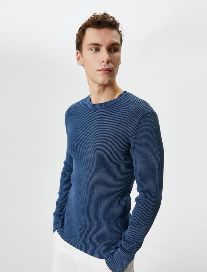  Yıkamalı Triko Kazak Bisiklet Yaka Dokulu Pamuklu